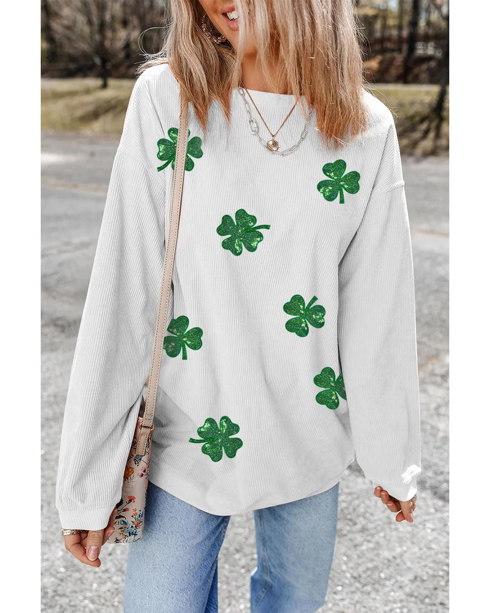 White Sequin Clover Patched Drop Shoulder Corded Sweatshirt - S 5