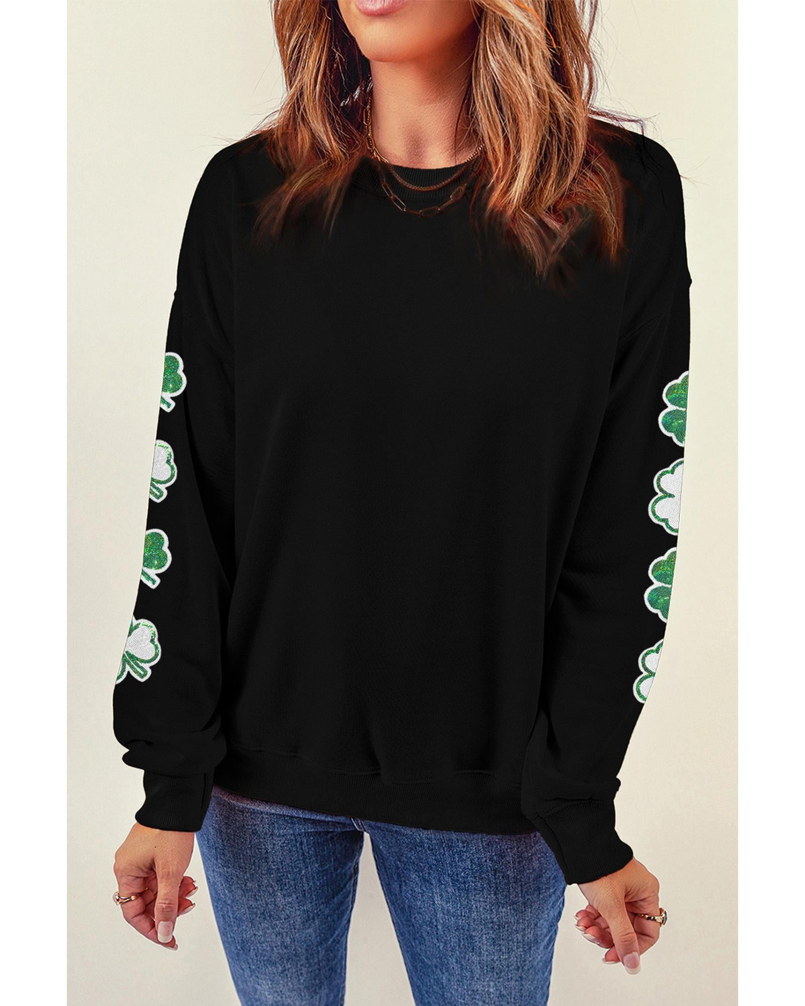 Black Sequin Clover Patched Drop Shoulder Sweatshirt - XL 3