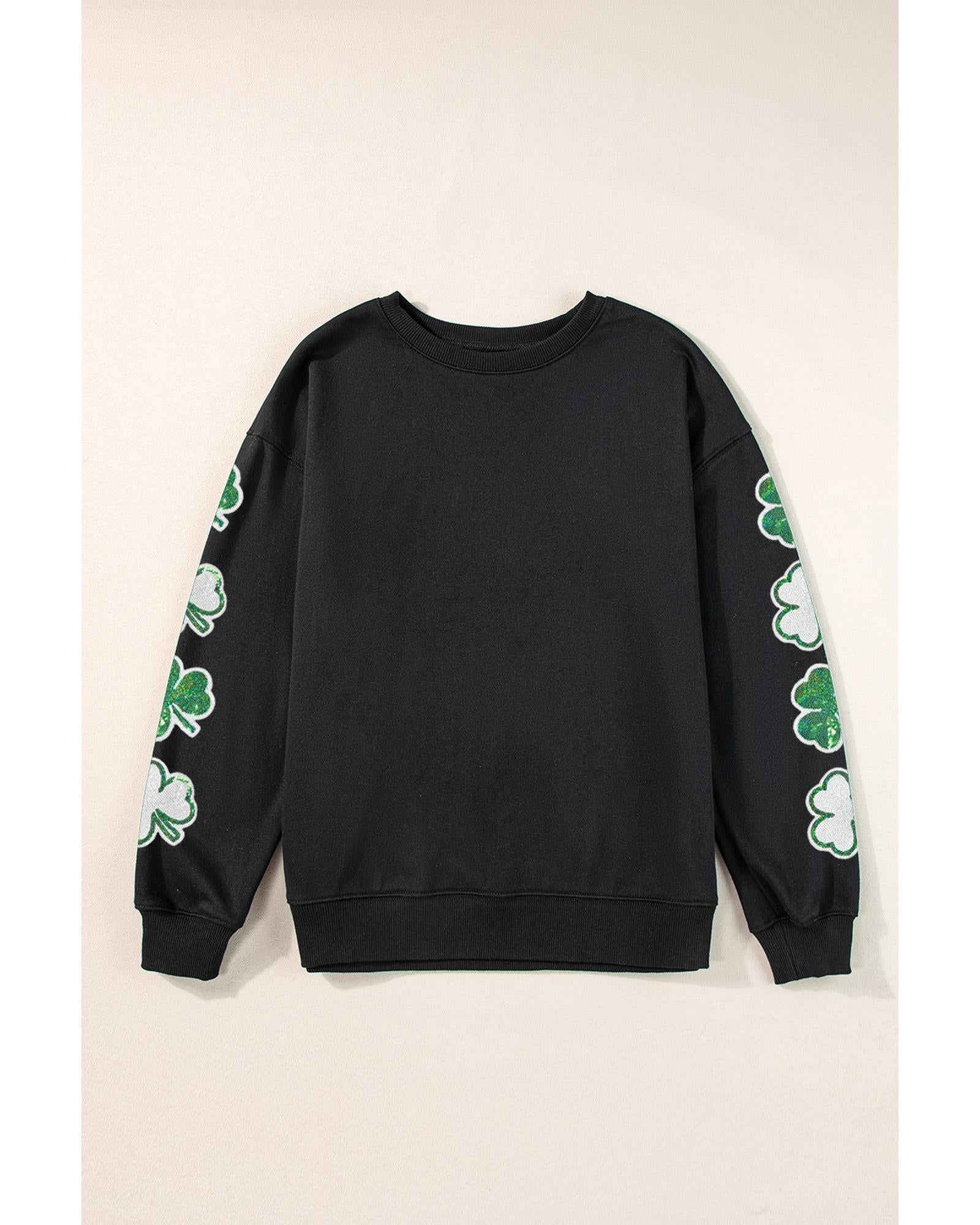 Black Sequin Clover Patched Drop Shoulder Sweatshirt - XL 4