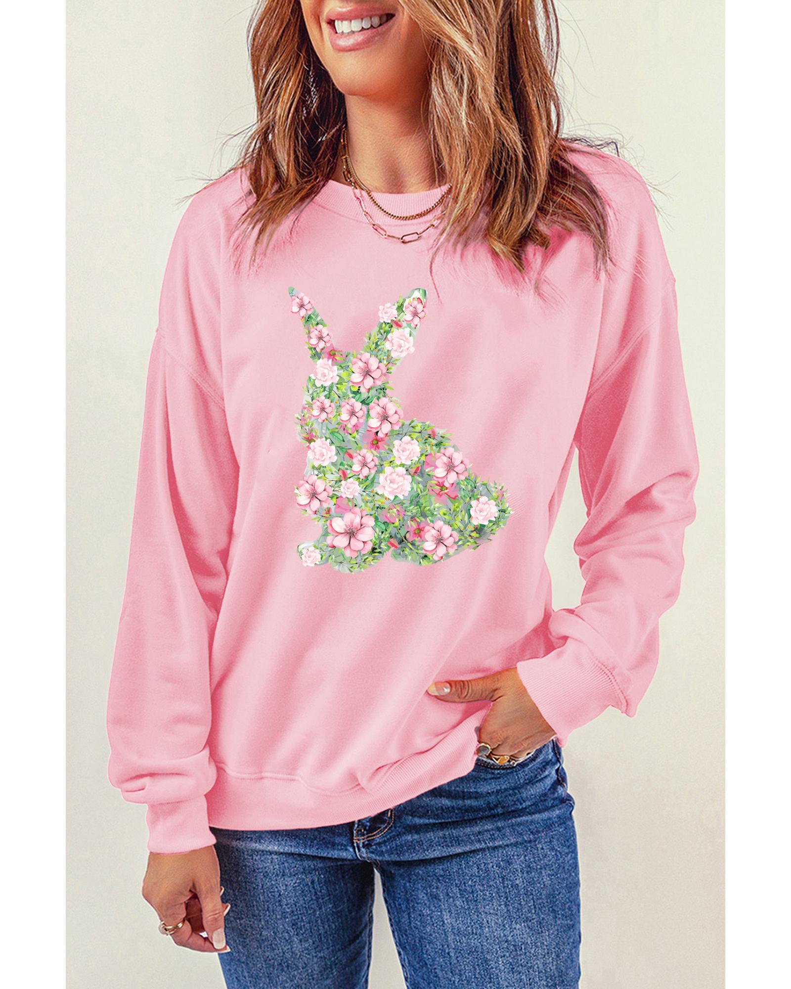 Pink Floral Bunny Printed Crewneck Easter Fashion Sweatshirt - XL 4