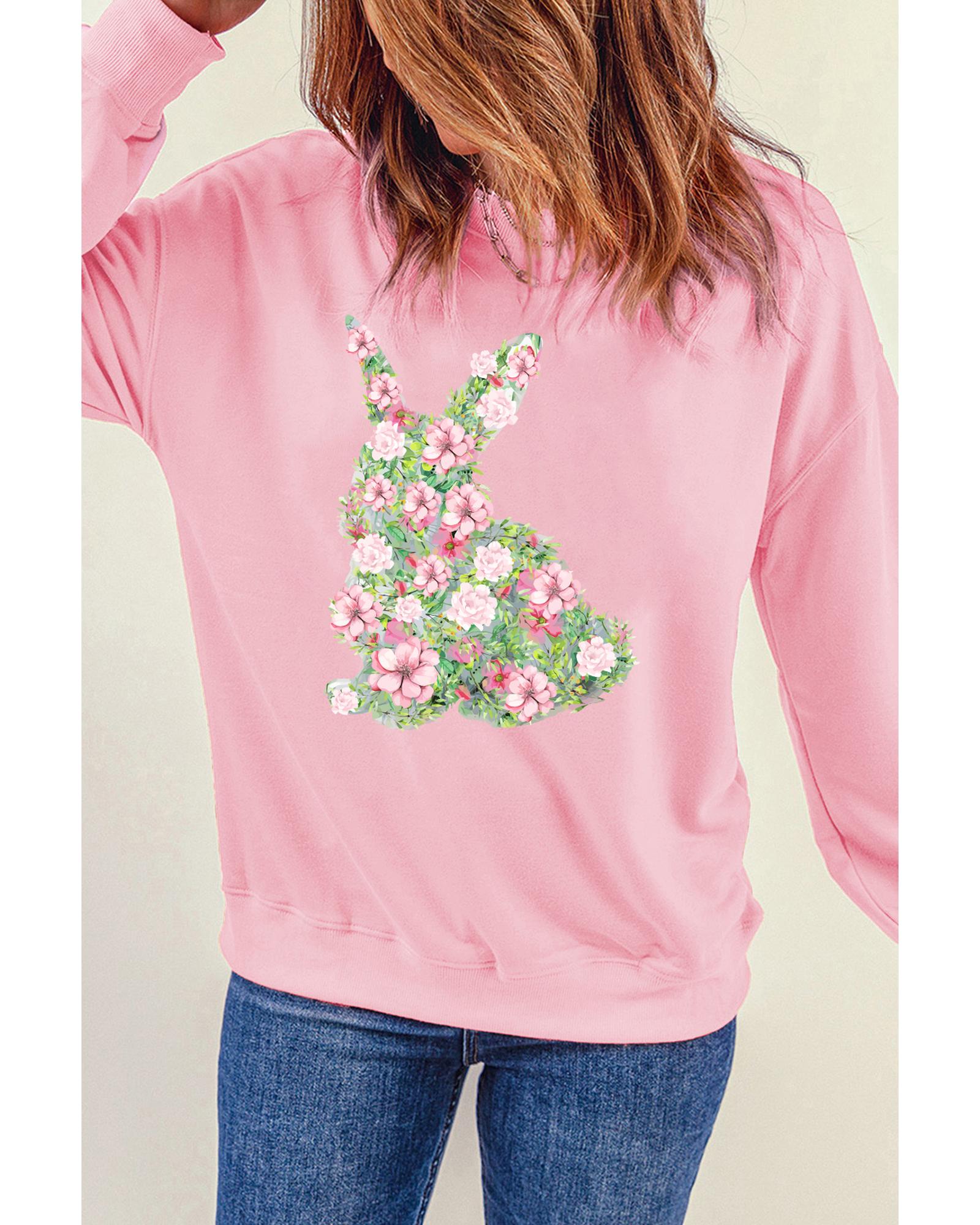 Pink Floral Bunny Printed Crewneck Easter Fashion Sweatshirt - XL 5