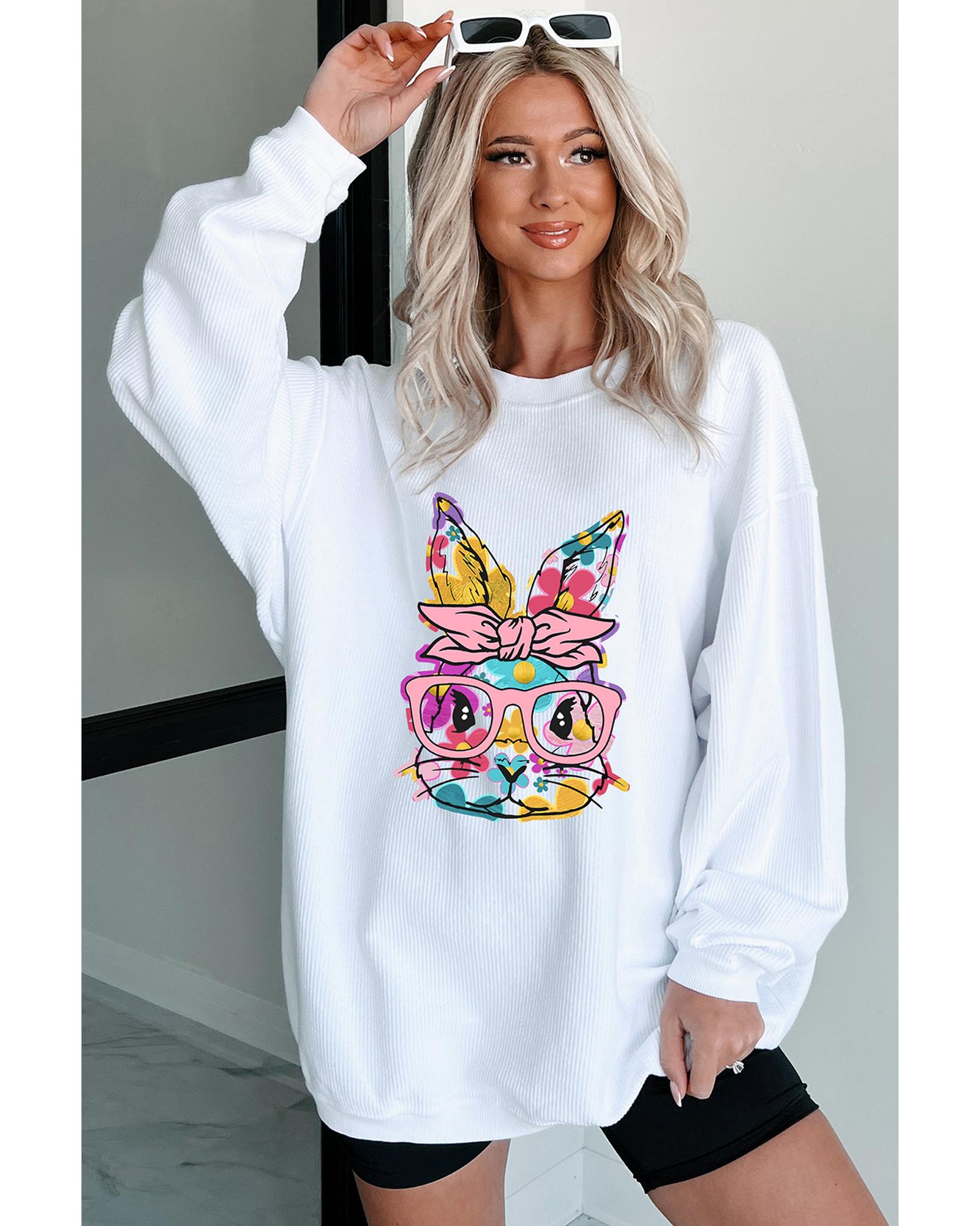 White Floral Rabbit with Glasses Graphic Corded Easter Sweatshirt - L