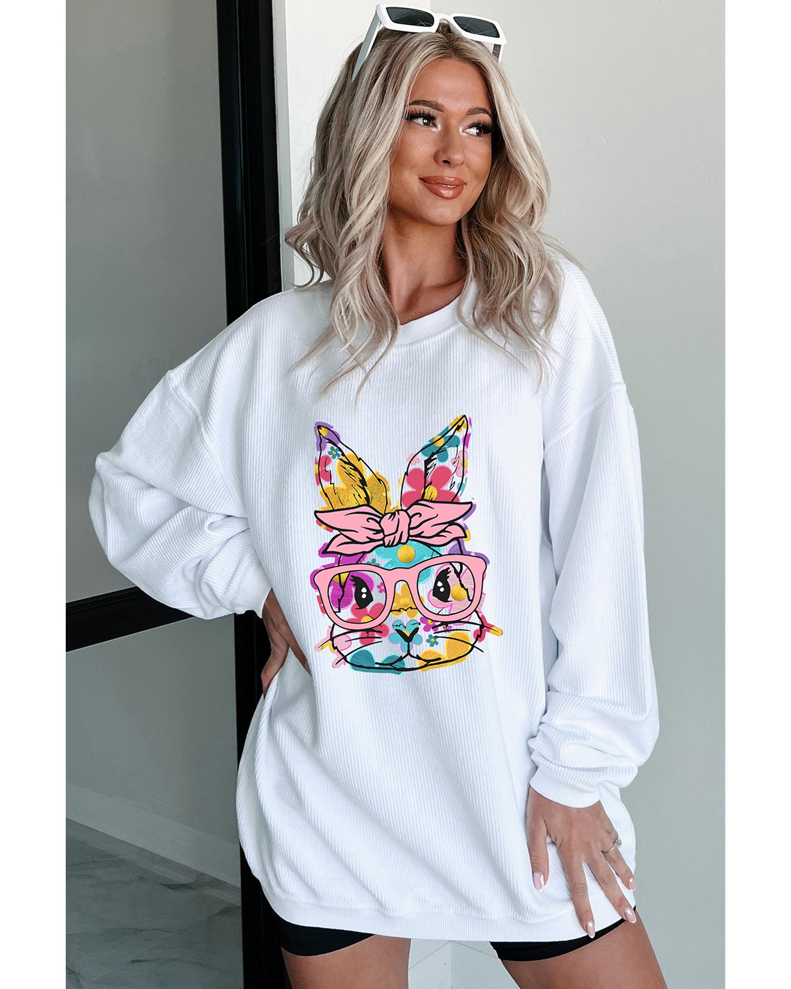 White Floral Rabbit with Glasses Graphic Corded Easter Sweatshirt - L 3