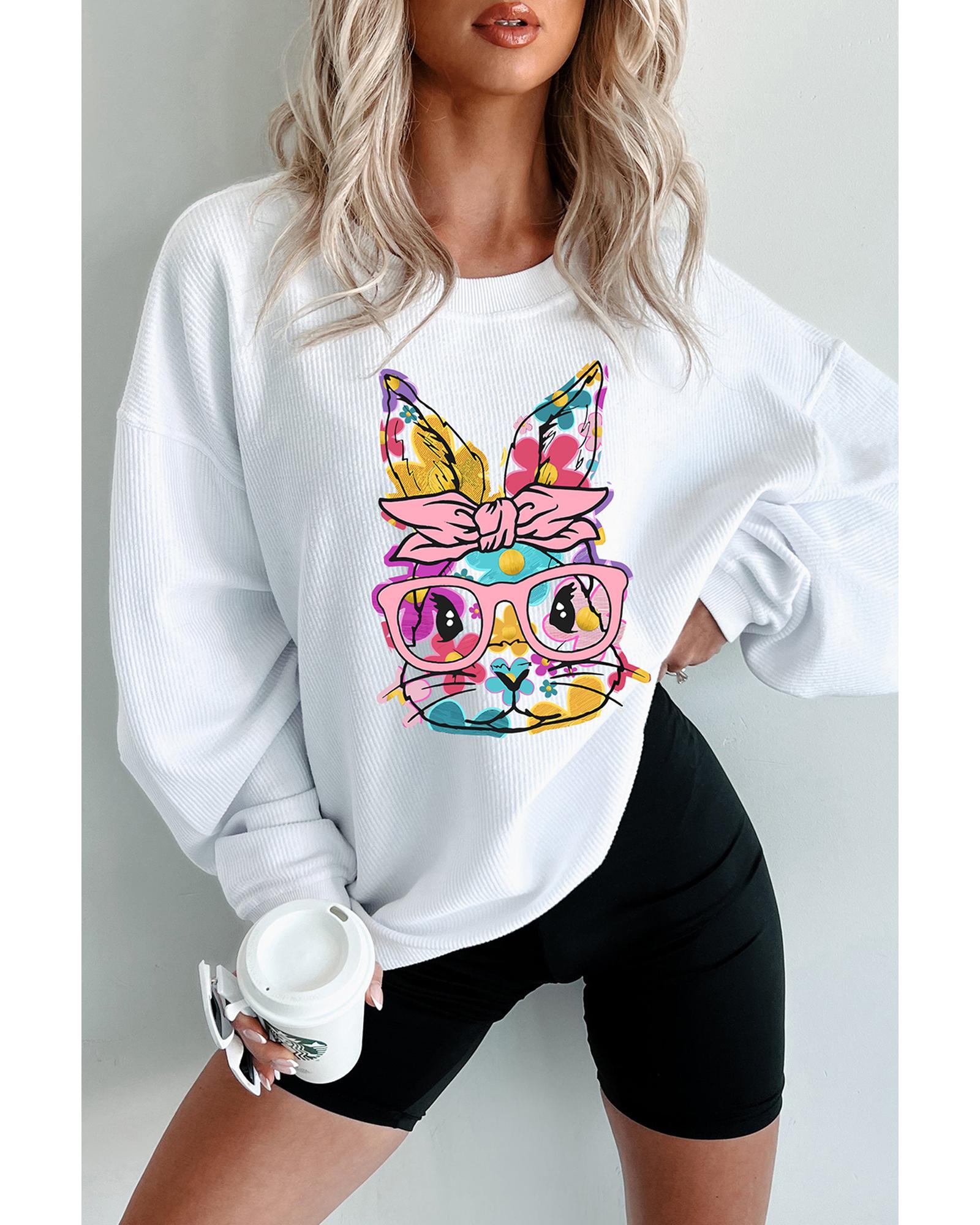 White Floral Rabbit with Glasses Graphic Corded Easter Sweatshirt - L 4