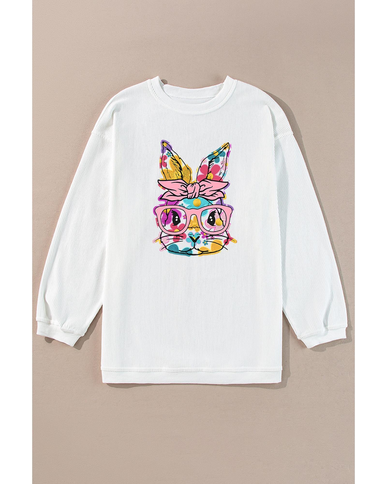 White Floral Rabbit with Glasses Graphic Corded Easter Sweatshirt - L 8