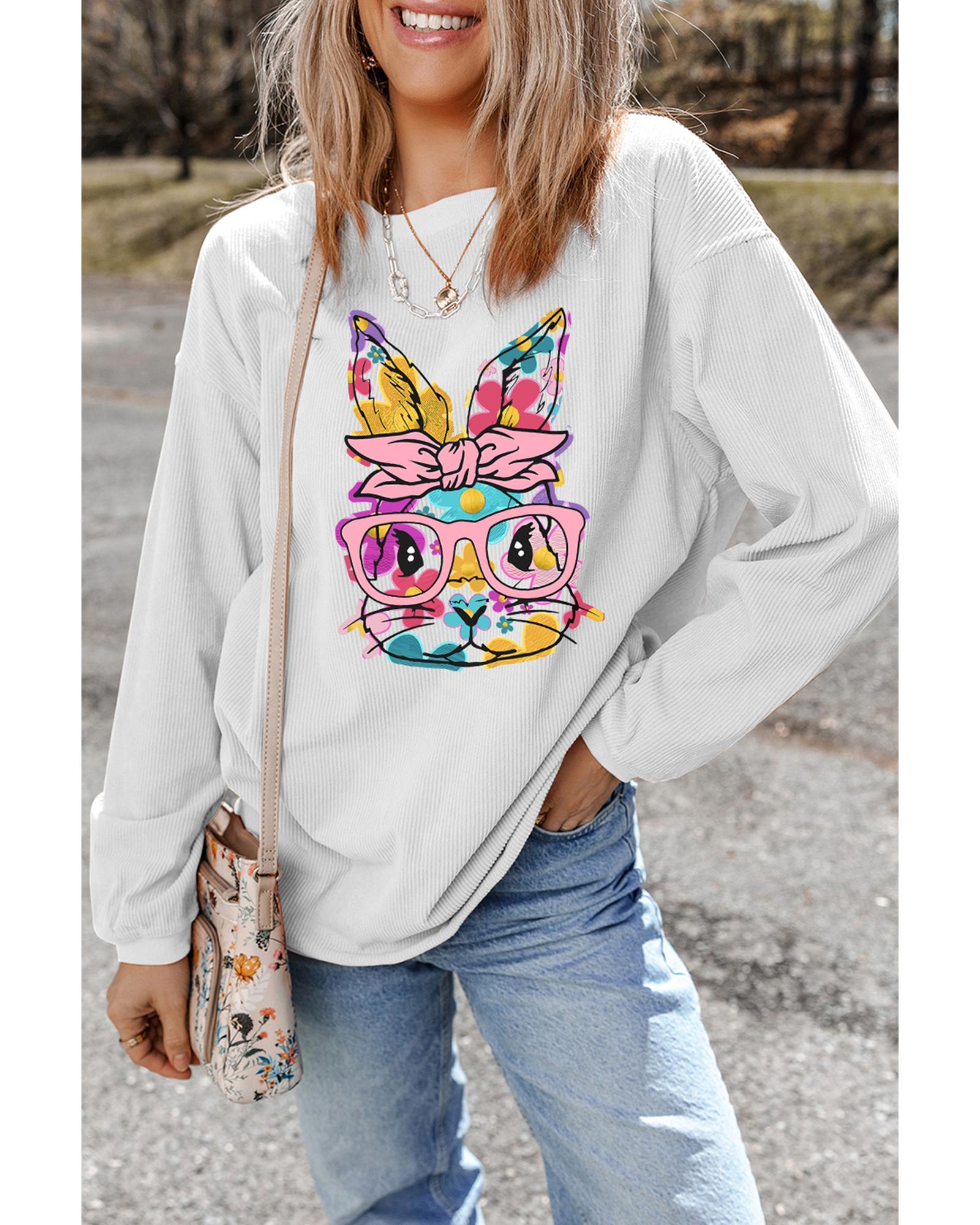 White Floral Rabbit with Glasses Graphic Corded Easter Sweatshirt - S 5