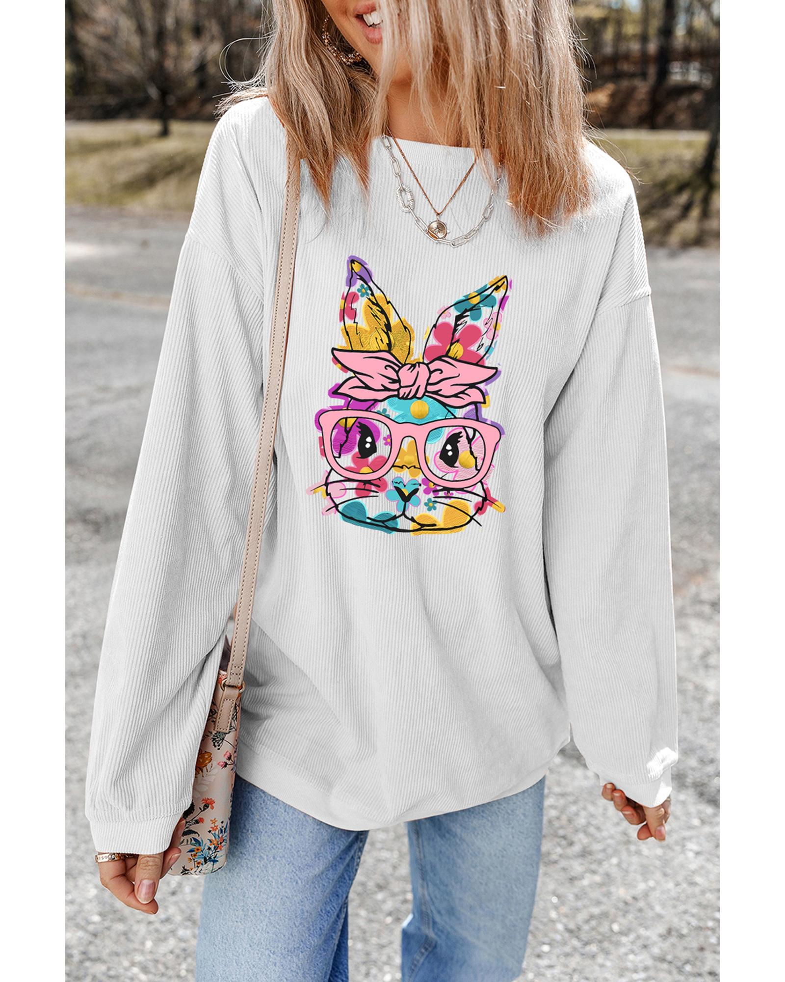 White Floral Rabbit with Glasses Graphic Corded Easter Sweatshirt - S 7
