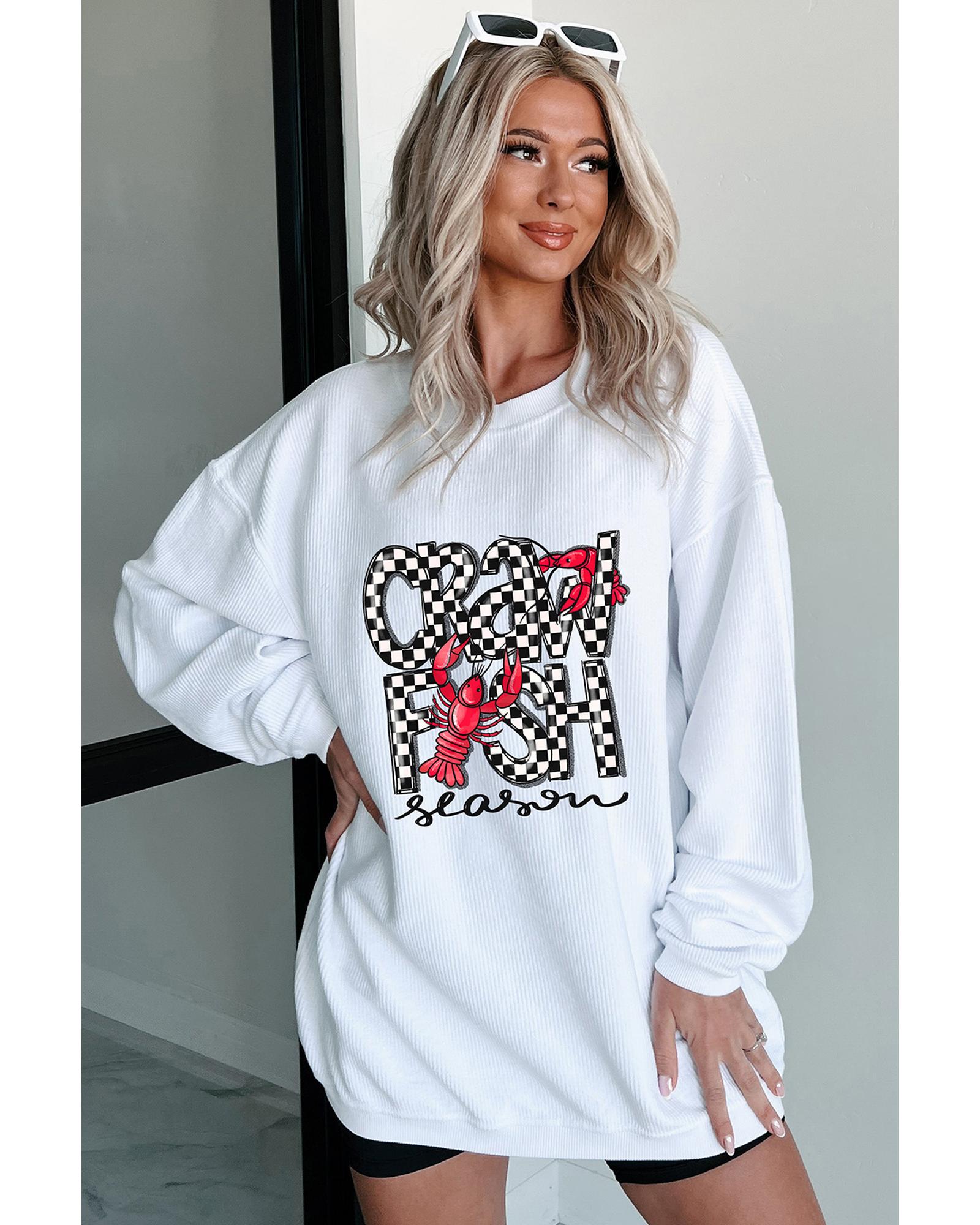 White Crawfish Season Checkered Letter Graphic Corded Sweatshirt - L 4