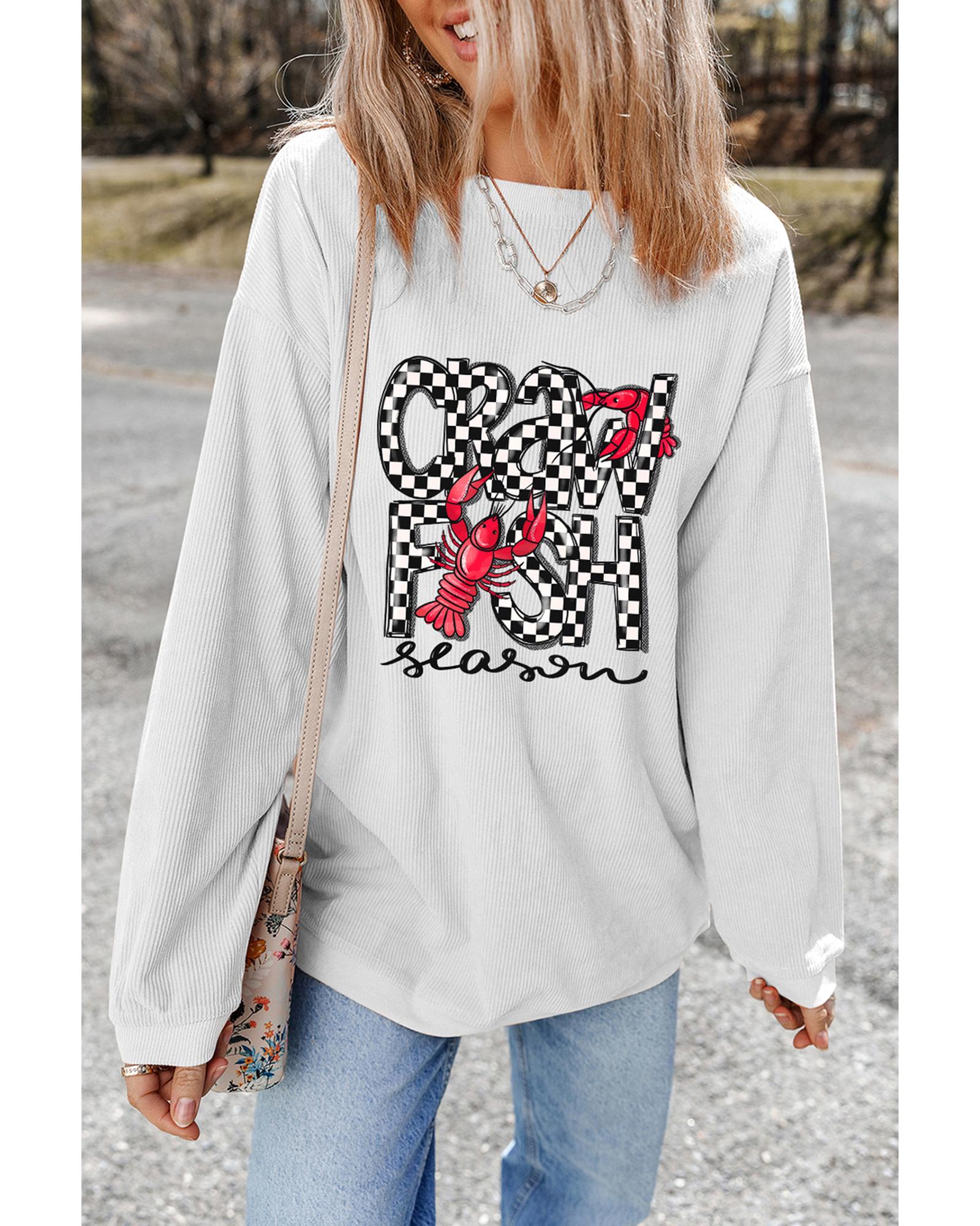 White Crawfish Season Checkered Letter Graphic Corded Sweatshirt - L 5