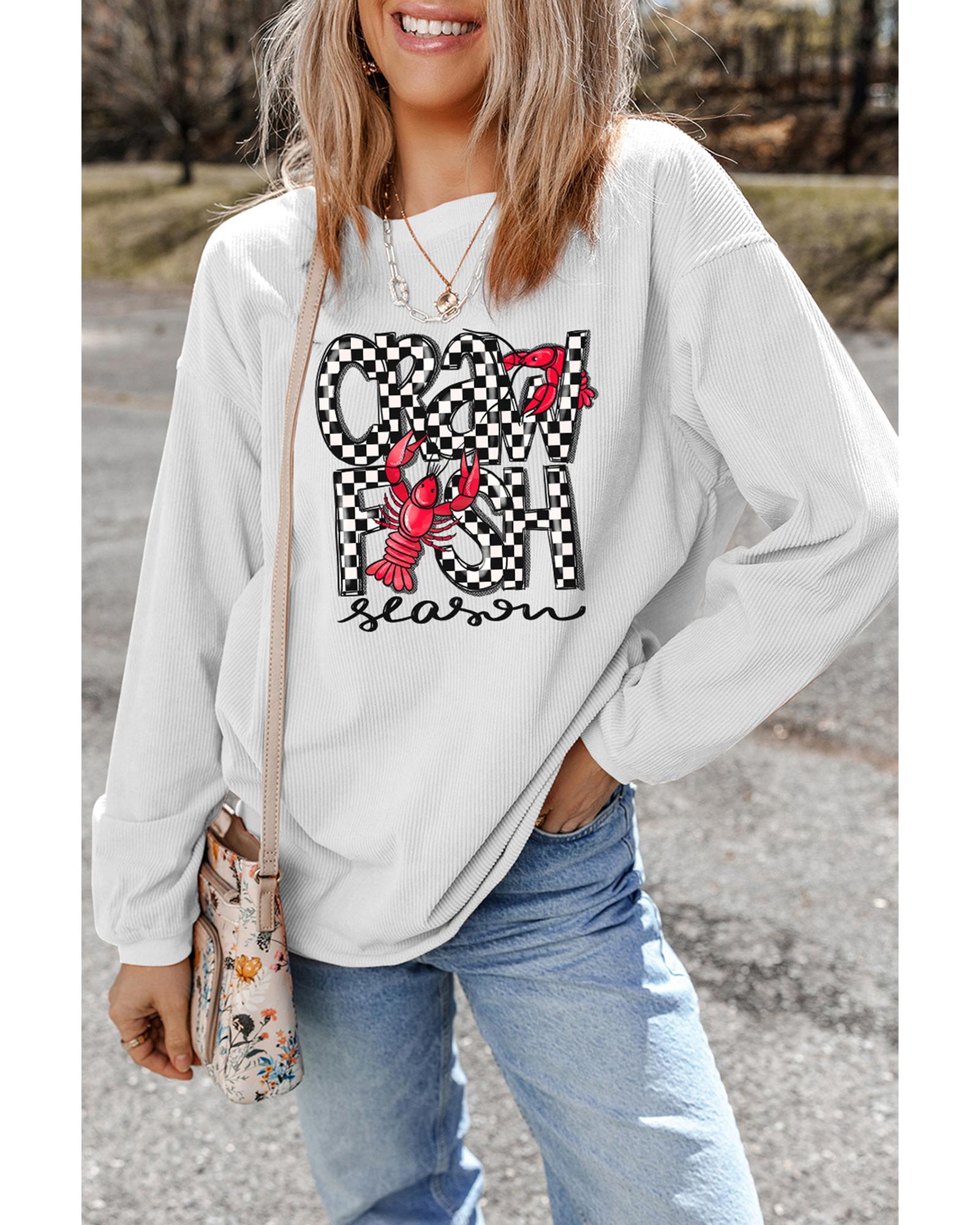White Crawfish Season Checkered Letter Graphic Corded Sweatshirt - L 7