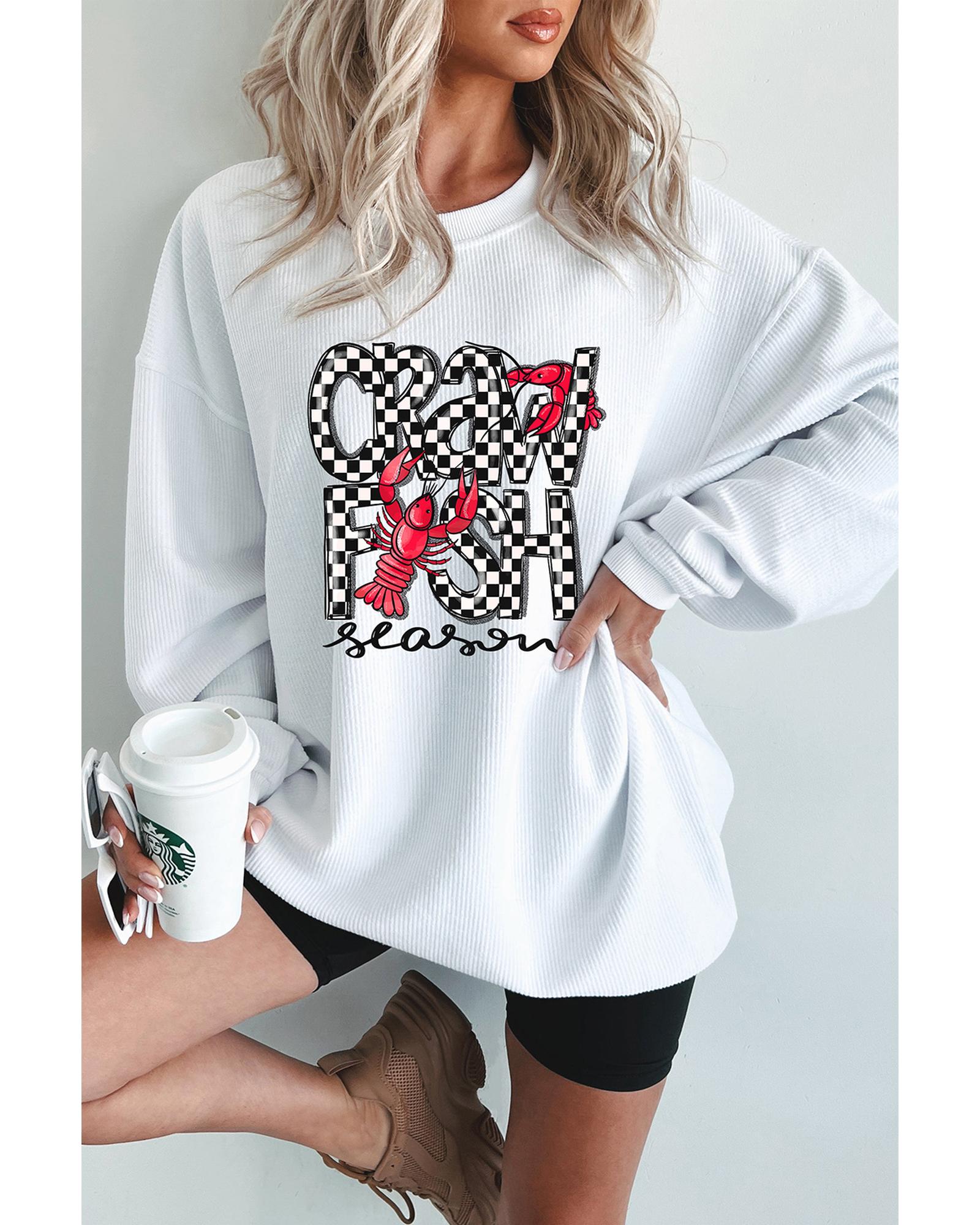 White Crawfish Season Checkered Letter Graphic Corded Sweatshirt - S 3