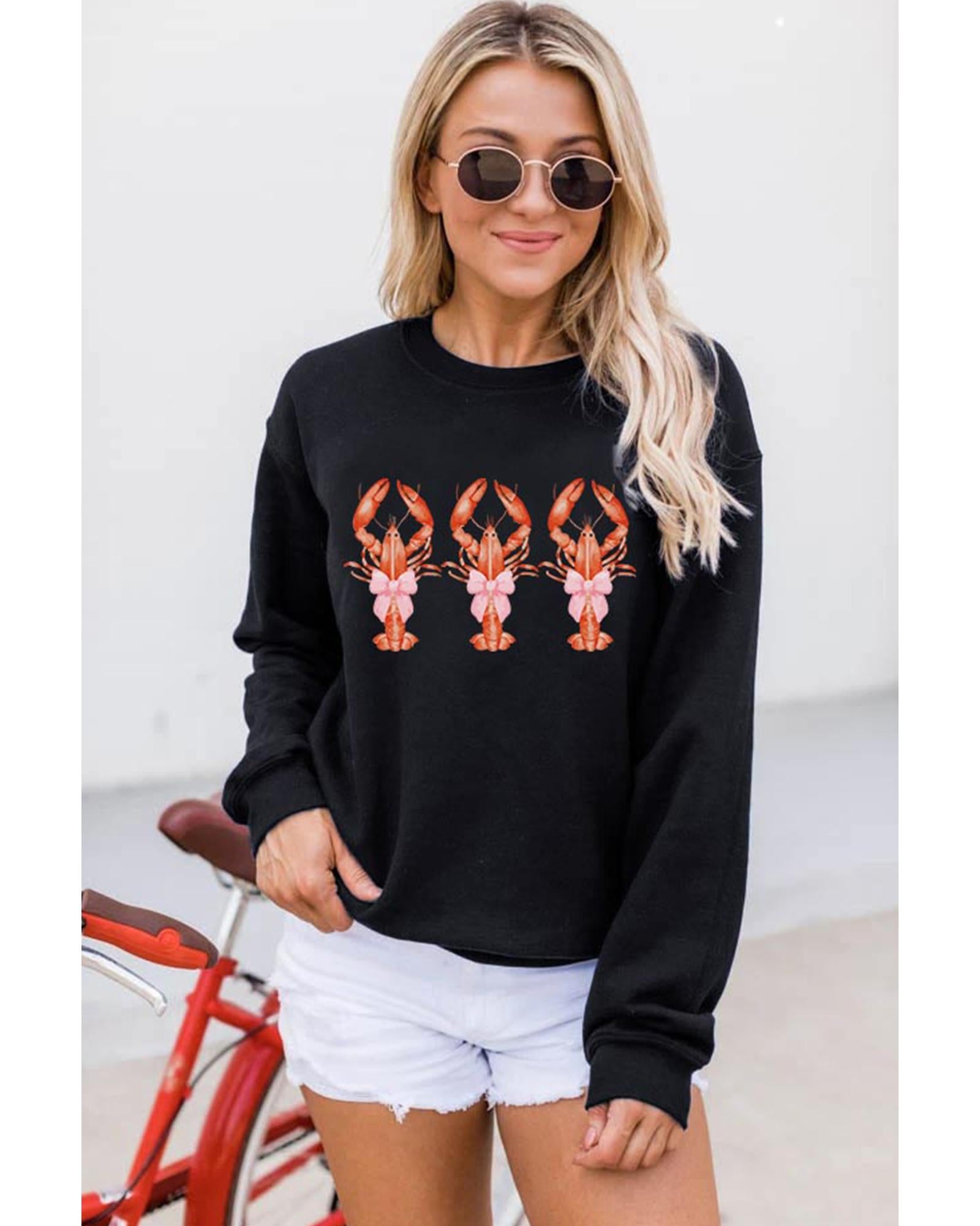 Black Cute Bow Crawfish Printed Drop Shoulder Sweatshirt - M 4