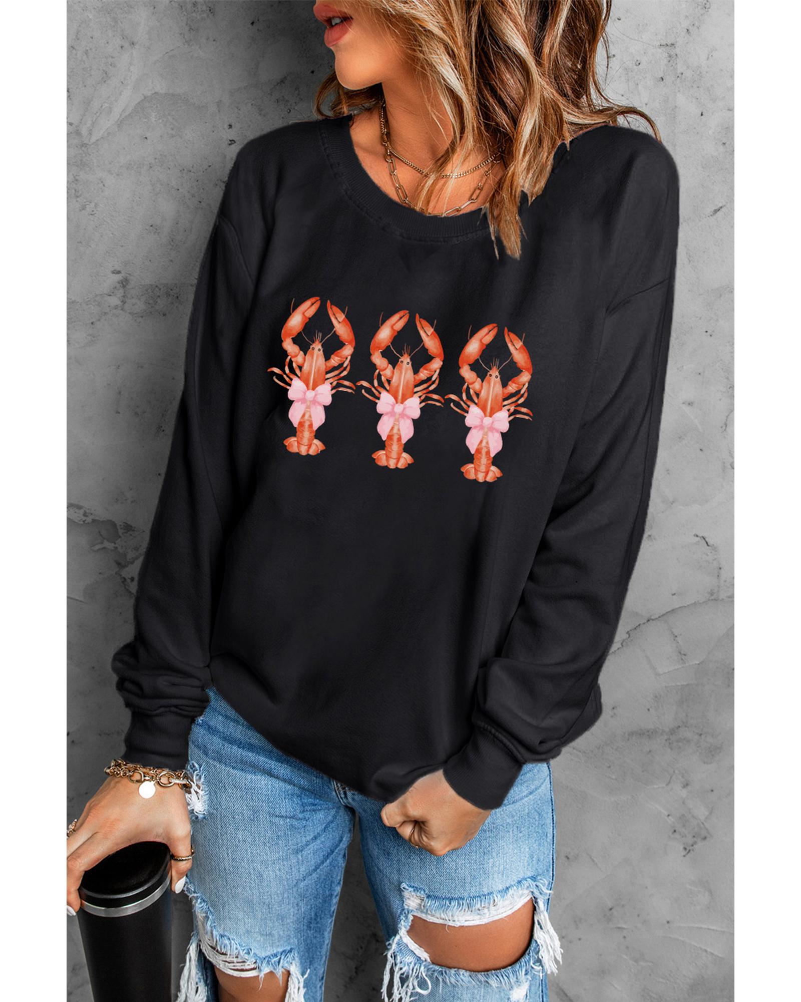 Black Cute Bow Crawfish Printed Drop Shoulder Sweatshirt - M 6