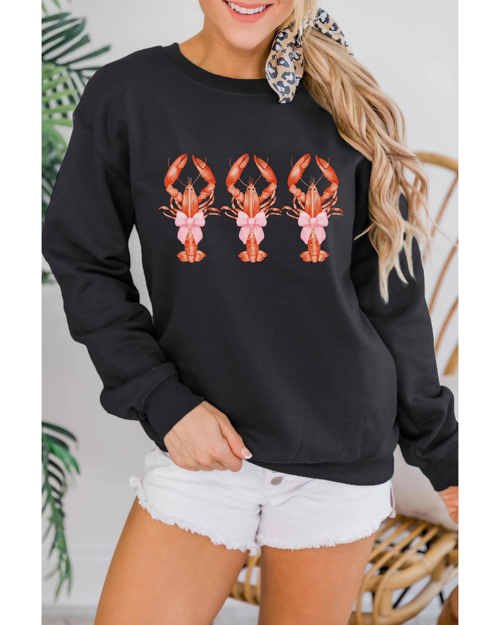 Black Cute Bow Crawfish Printed Drop Shoulder Sweatshirt - S