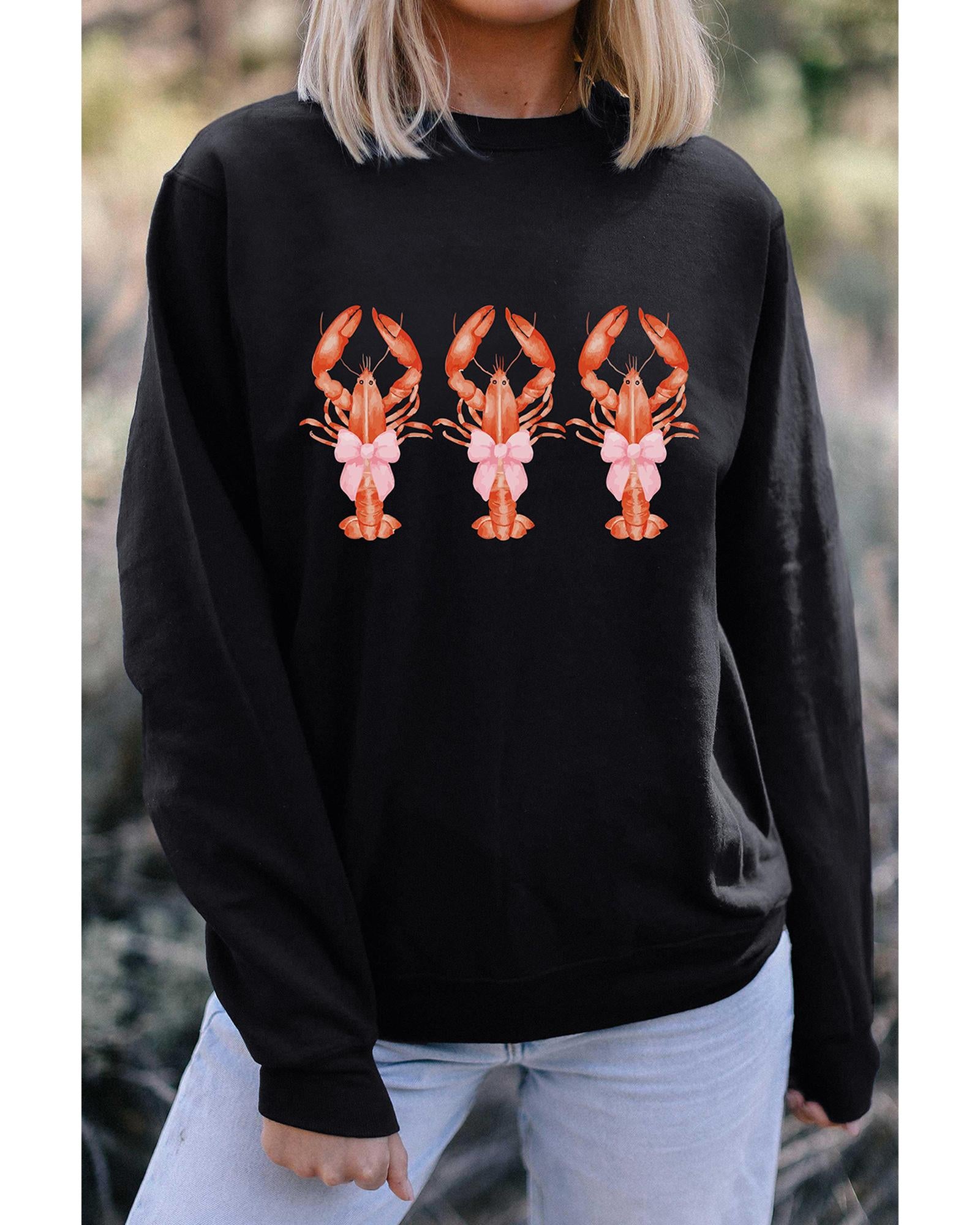 Black Cute Bow Crawfish Printed Drop Shoulder Sweatshirt - XL