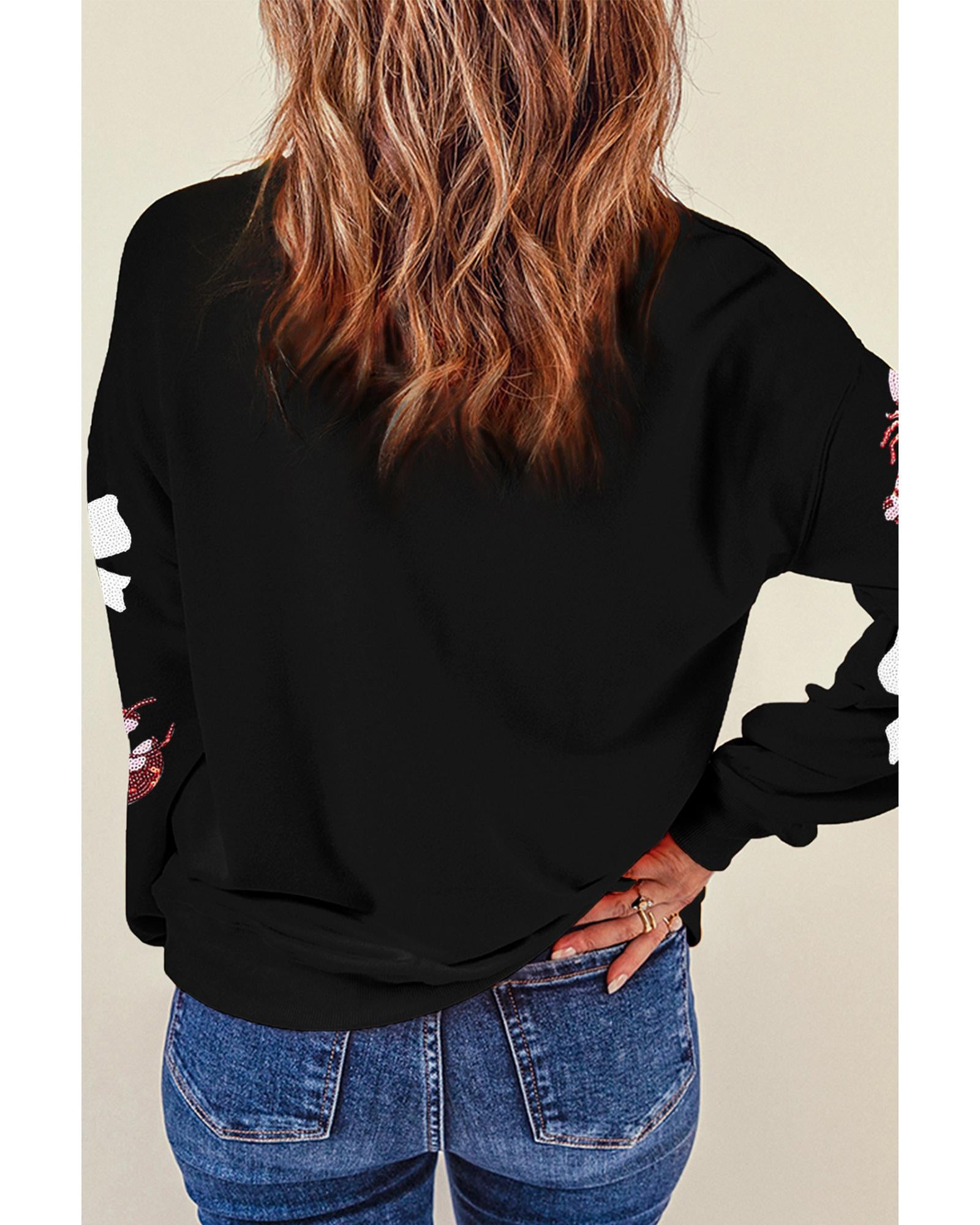 Black Crawfish Bow Sequin Patched Graphic Sweatshirt - L 3