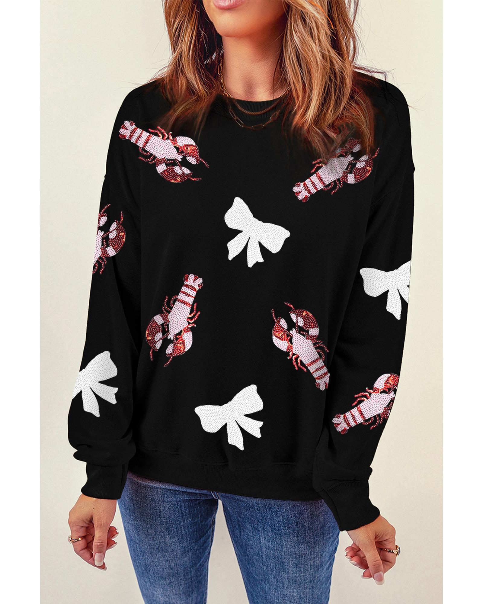 Black Crawfish Bow Sequin Patched Graphic Sweatshirt - L 4