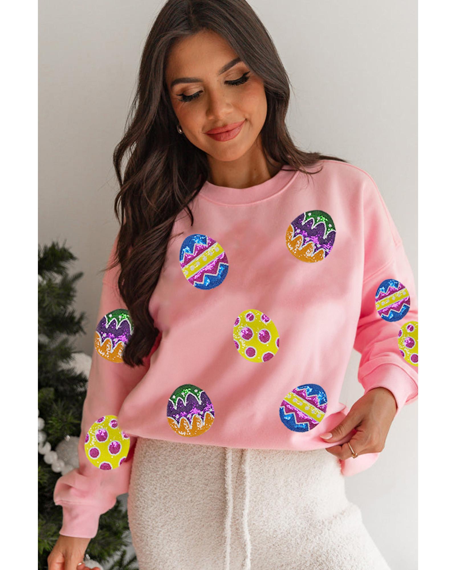 Pink Easter Egg Patched Graphic Drop Shoulder Pullover Sweatshirt - L