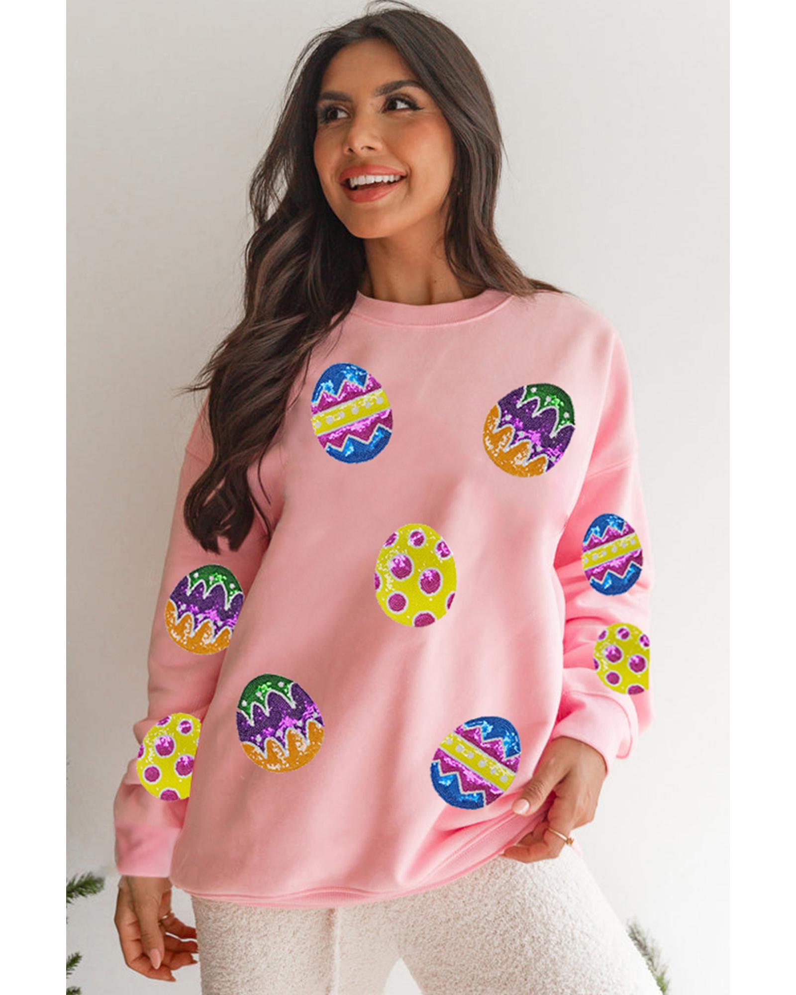 Pink Easter Egg Patched Graphic Drop Shoulder Pullover Sweatshirt - L 3