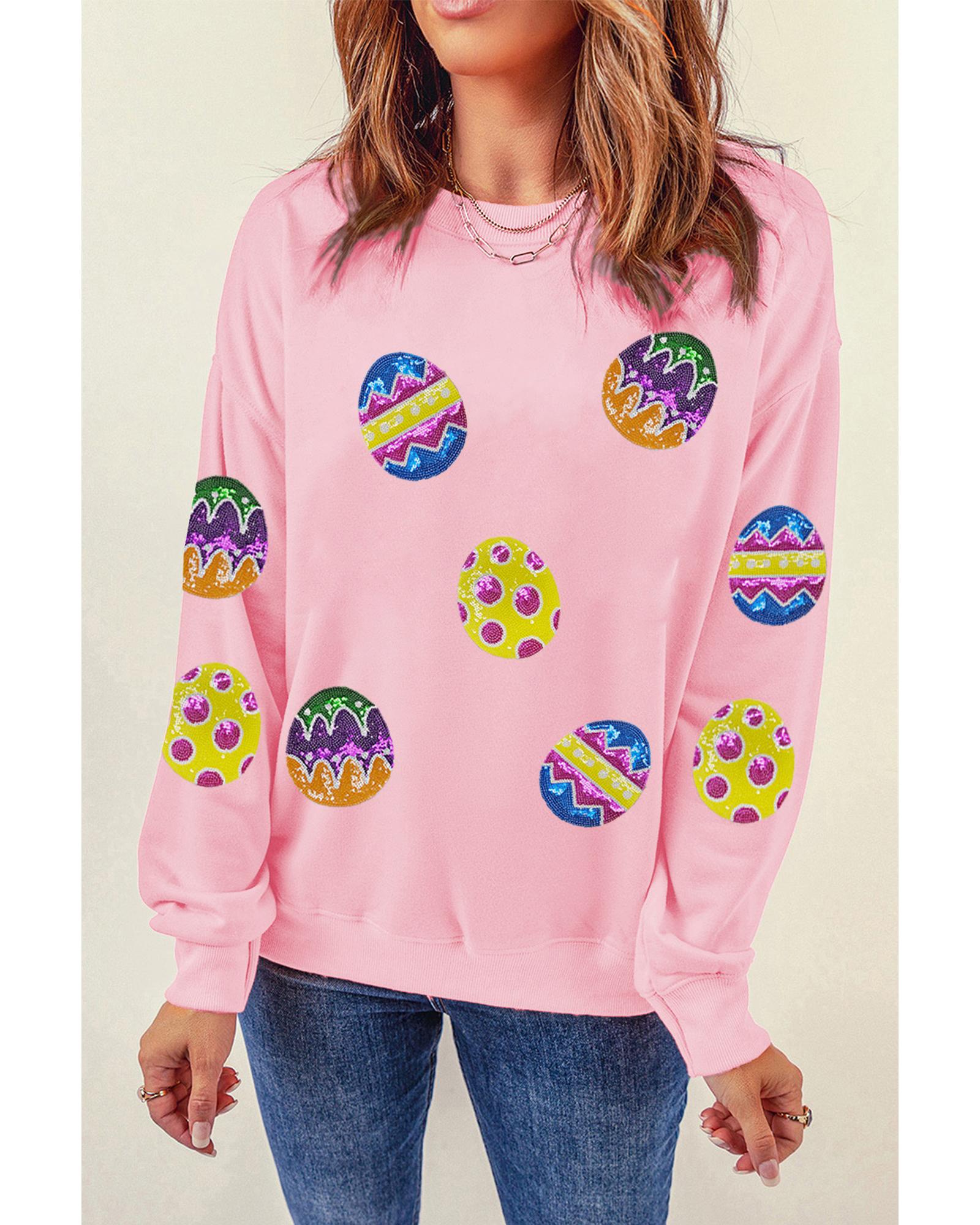 Pink Easter Egg Patched Graphic Drop Shoulder Pullover Sweatshirt - L 4