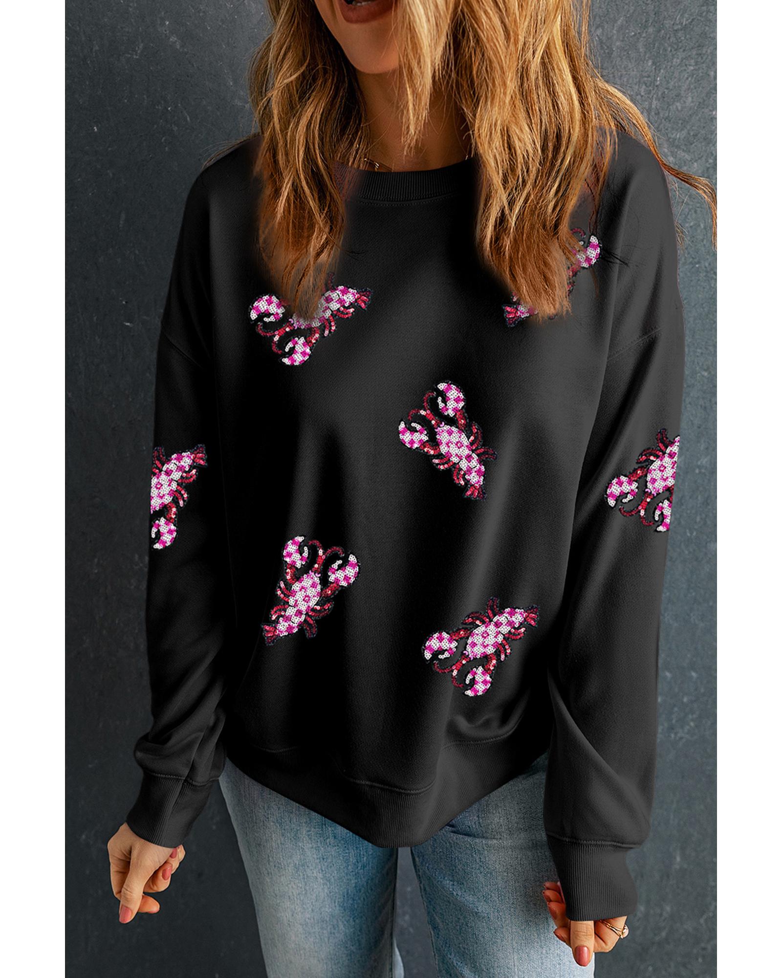 Black Sequined Crawfish Graphic Drop Shoulder Sweatshirt - L 3