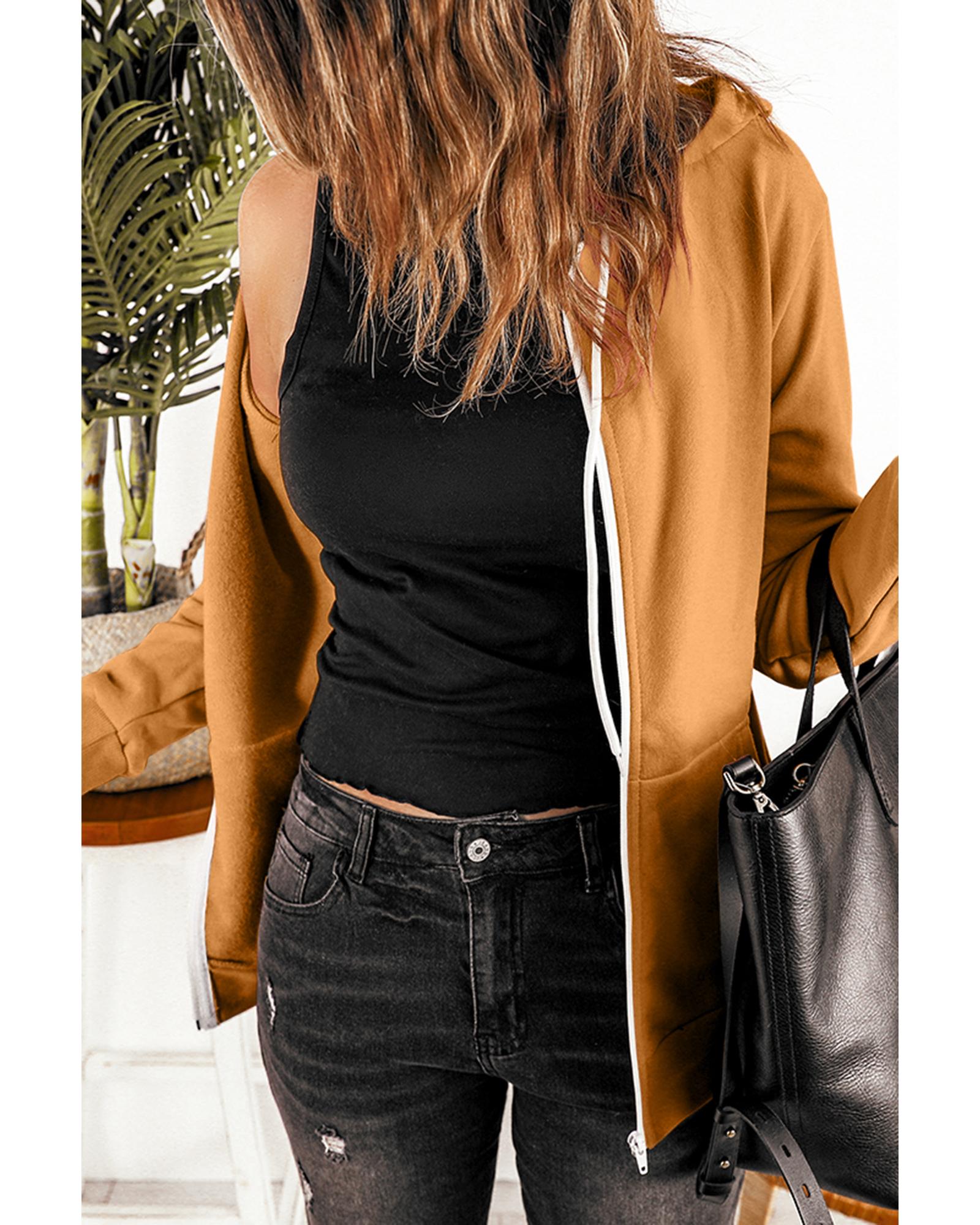 Brown Zip-Up Pocket Drawstring Hoodie Jacket - L