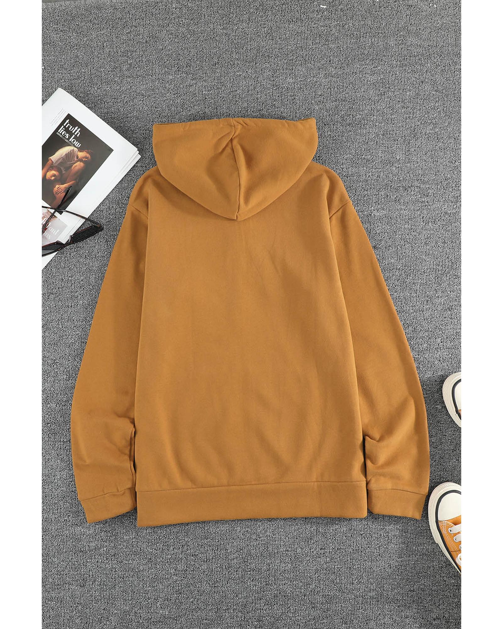 Brown Zip-Up Pocket Drawstring Hoodie Jacket - S