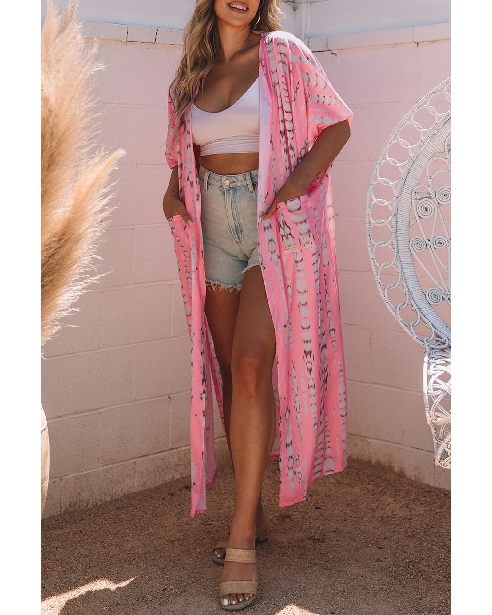 Pink Bohemian Tie Dye Oversize Long Kimono - One Size