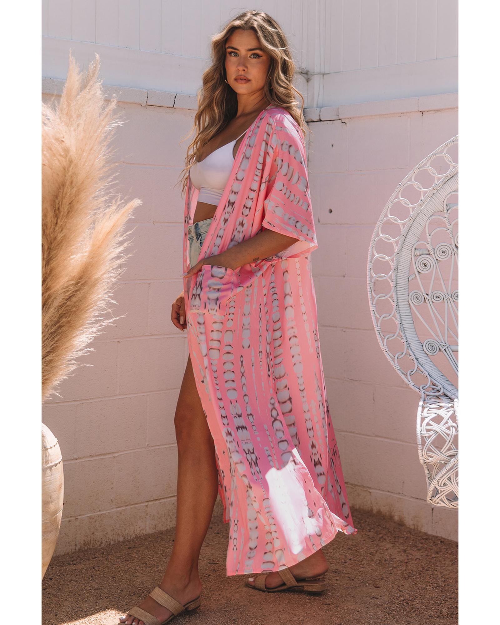 Pink Bohemian Tie Dye Oversize Long Kimono - One Size 5