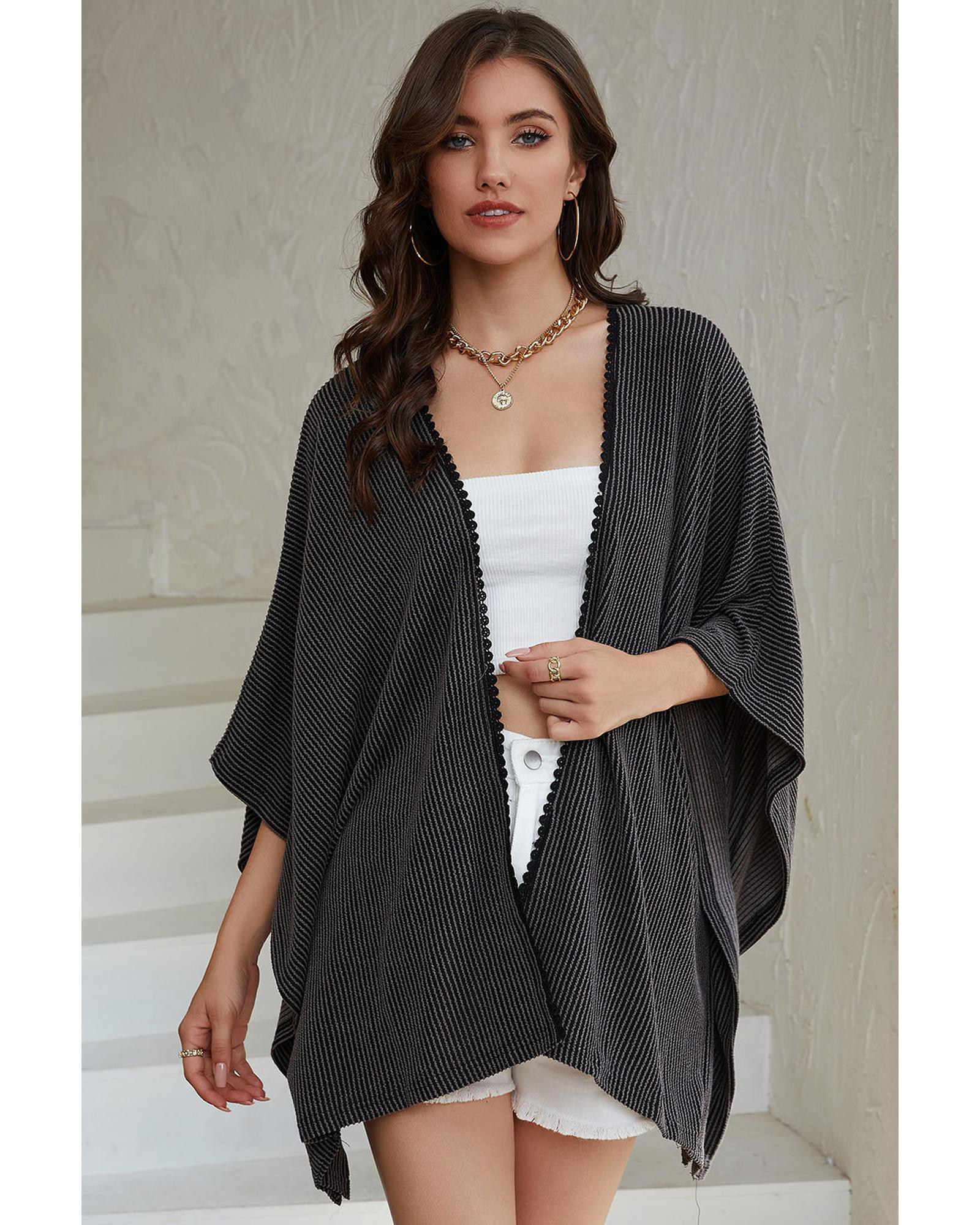 Black Lace Trim Ribbed Oversize Kimono - One Size