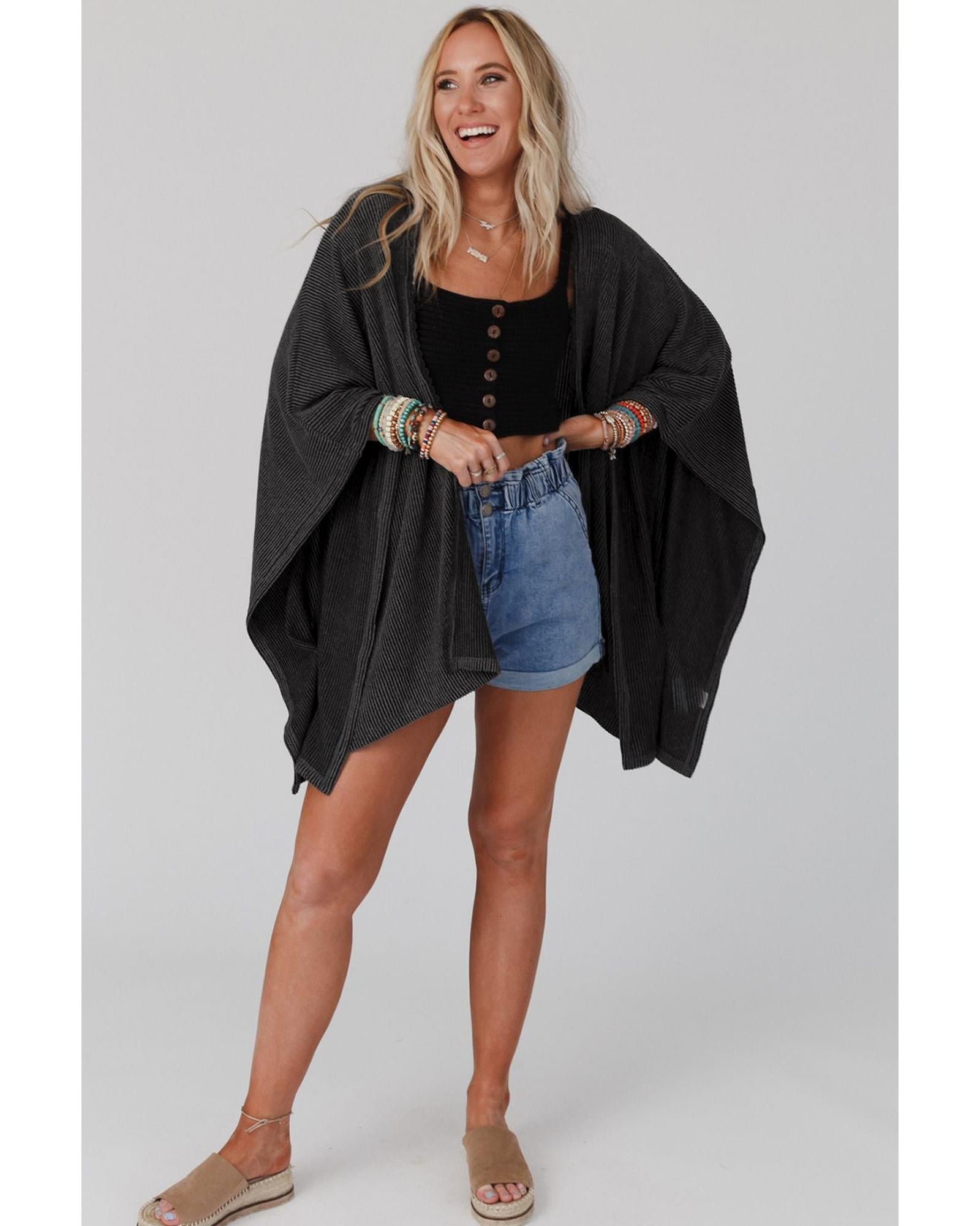 Black Lace Trim Ribbed Oversize Kimono - One Size