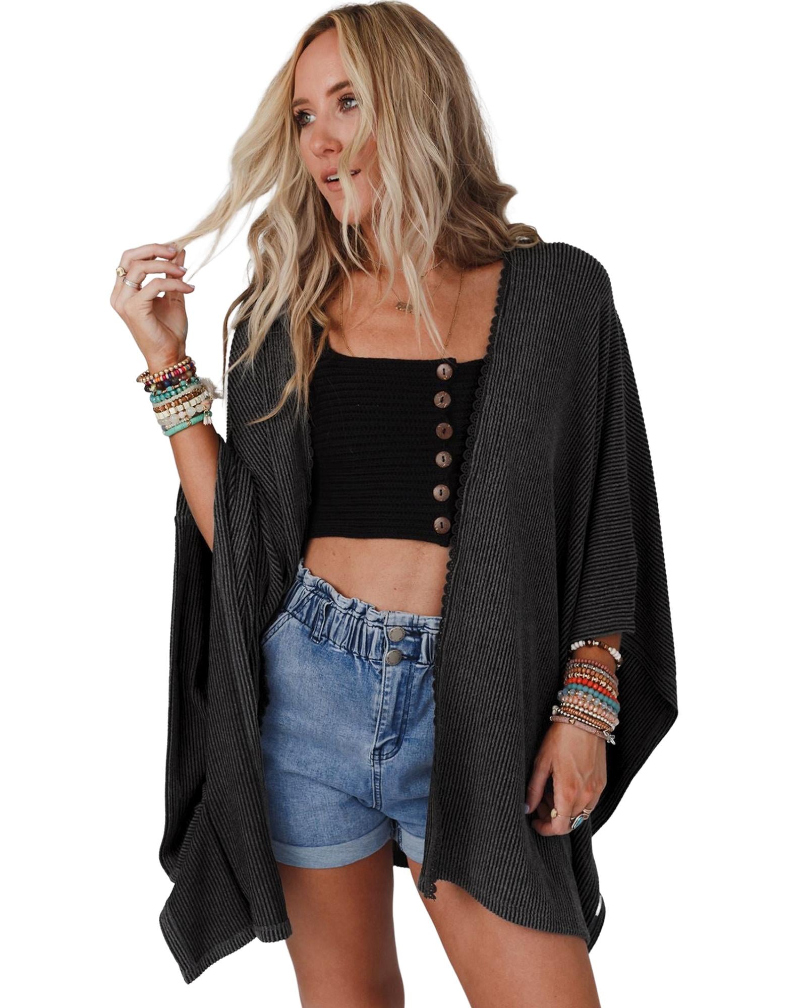 Black Lace Trim Ribbed Oversize Kimono - One Size 3