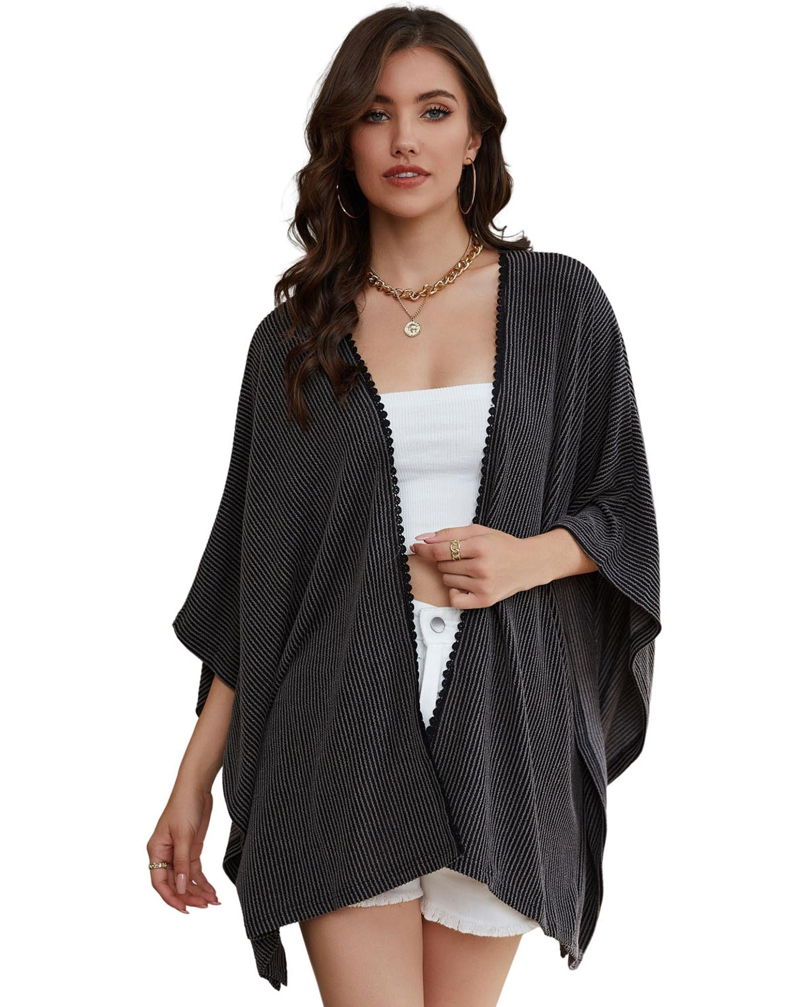 Black Lace Trim Ribbed Oversize Kimono - One Size 4