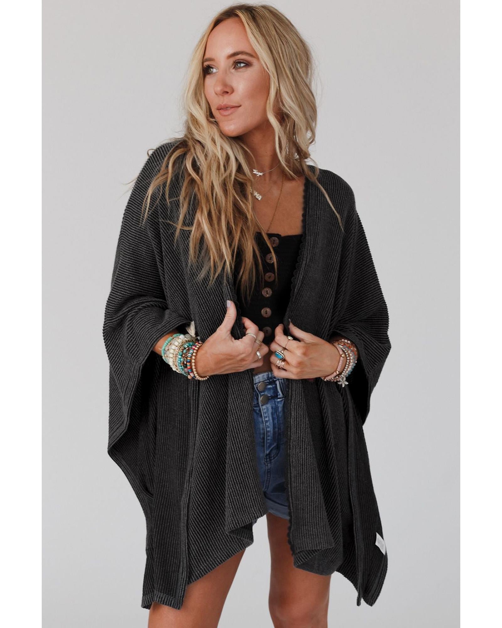 Black Lace Trim Ribbed Oversize Kimono - One Size 5