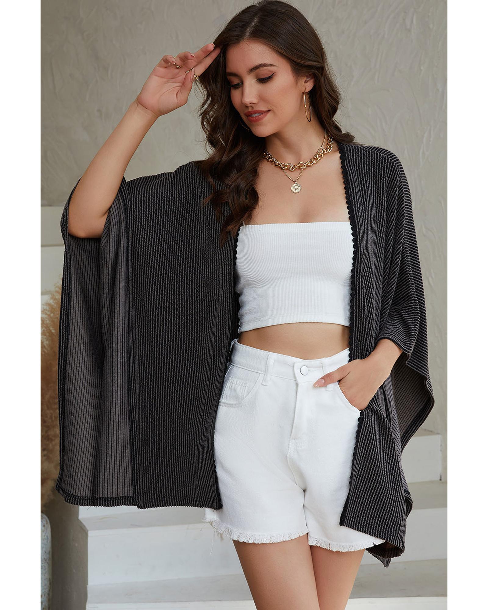 Black Lace Trim Ribbed Oversize Kimono - One Size 6