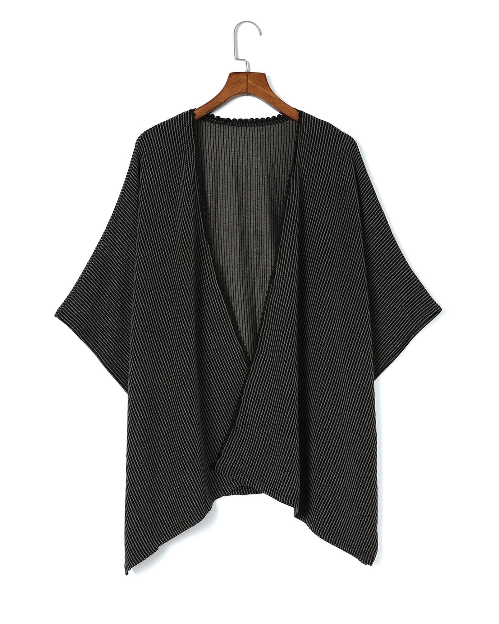 Black Lace Trim Ribbed Oversize Kimono - One Size 8