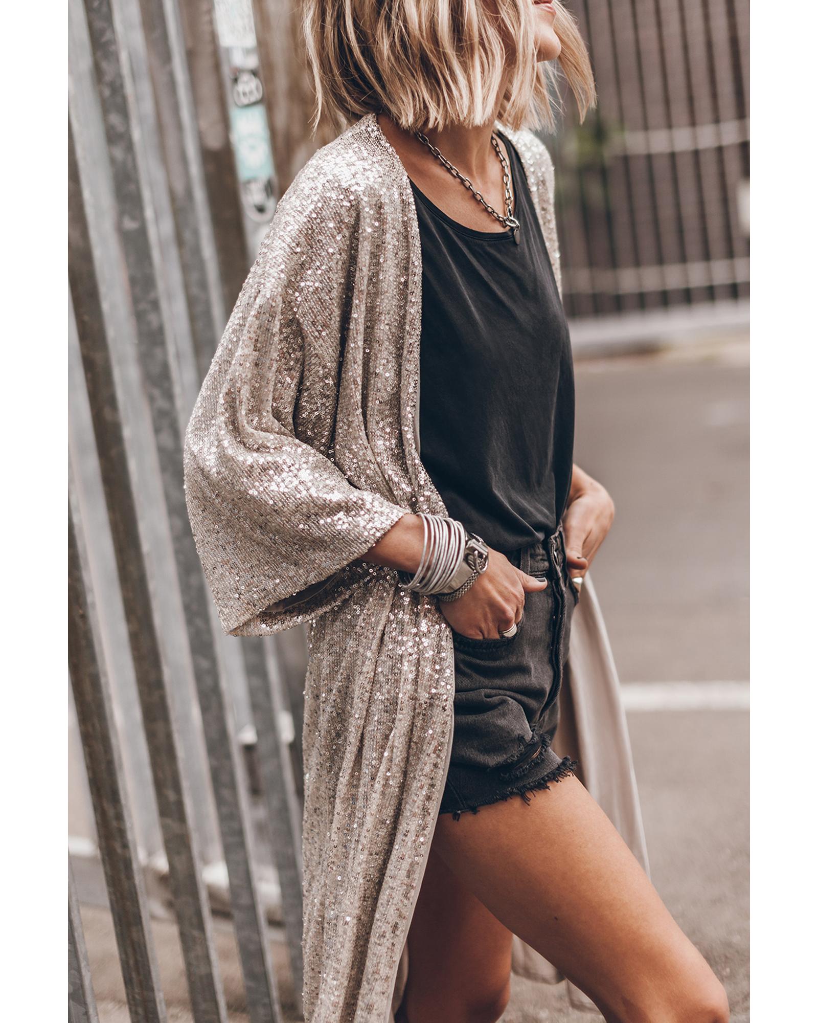 Apricot Sequin 3/4 Sleeve Open Front Duster Kimono - L 3