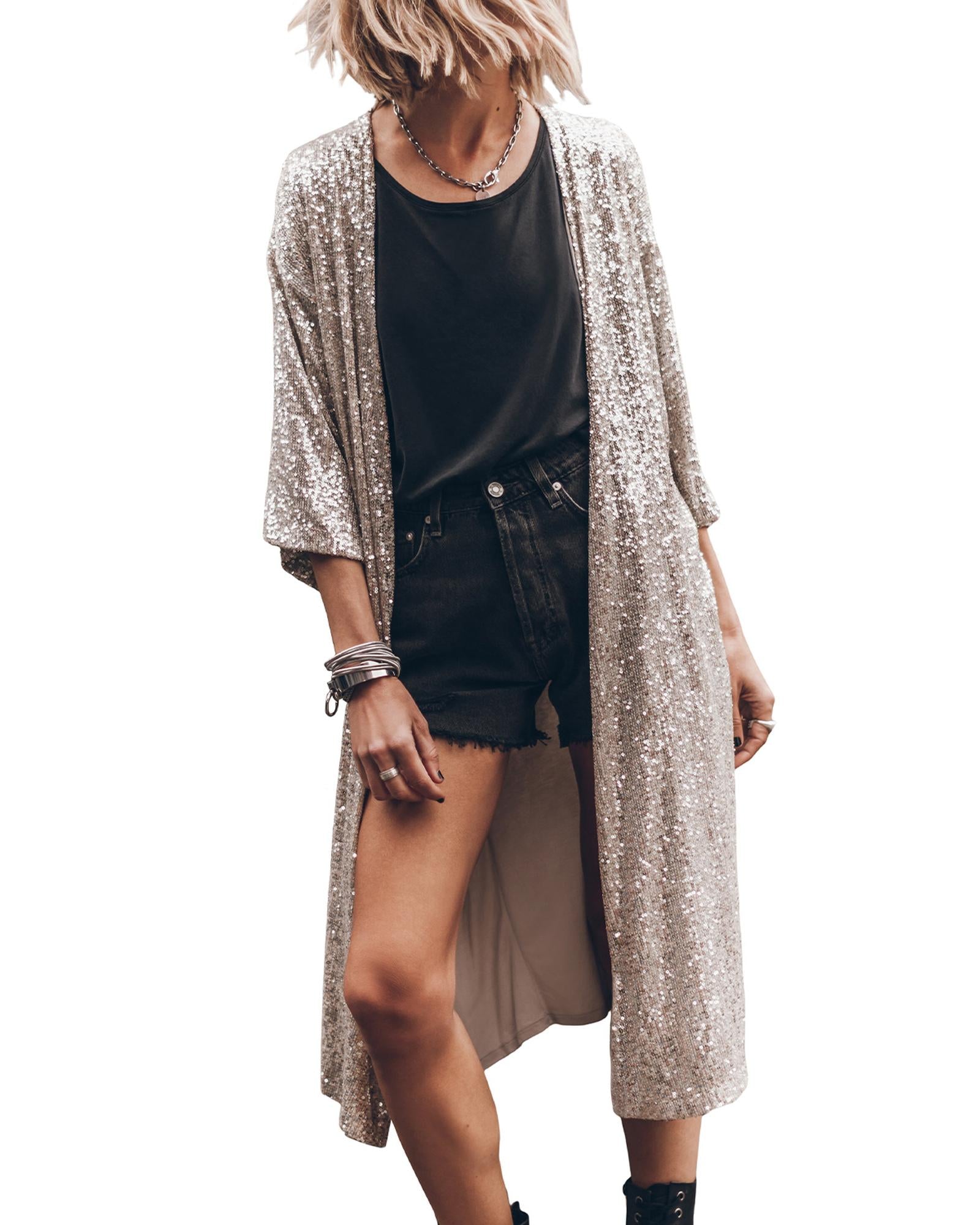 Apricot Sequin 3/4 Sleeve Open Front Duster Kimono - M 3