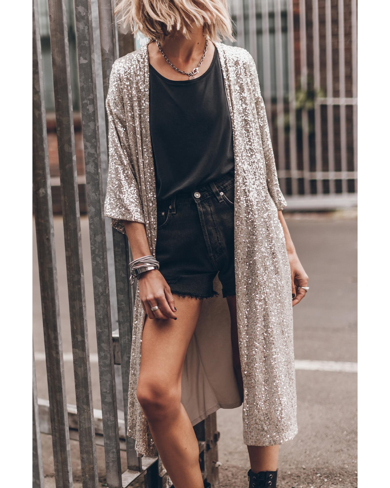 Apricot Sequin 3/4 Sleeve Open Front Duster Kimono - S 5