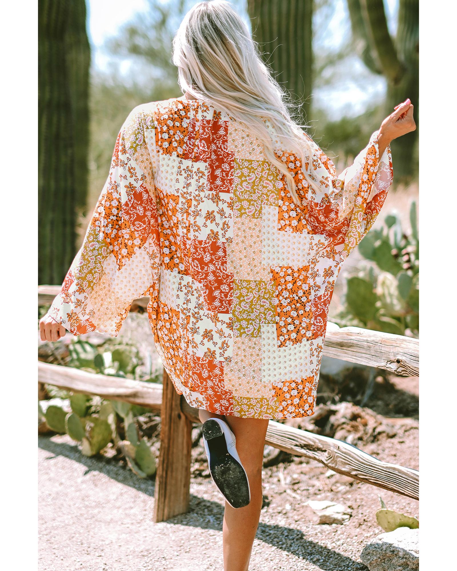 White Boho Patchwork Floral Open Front Kimono - One Size 4