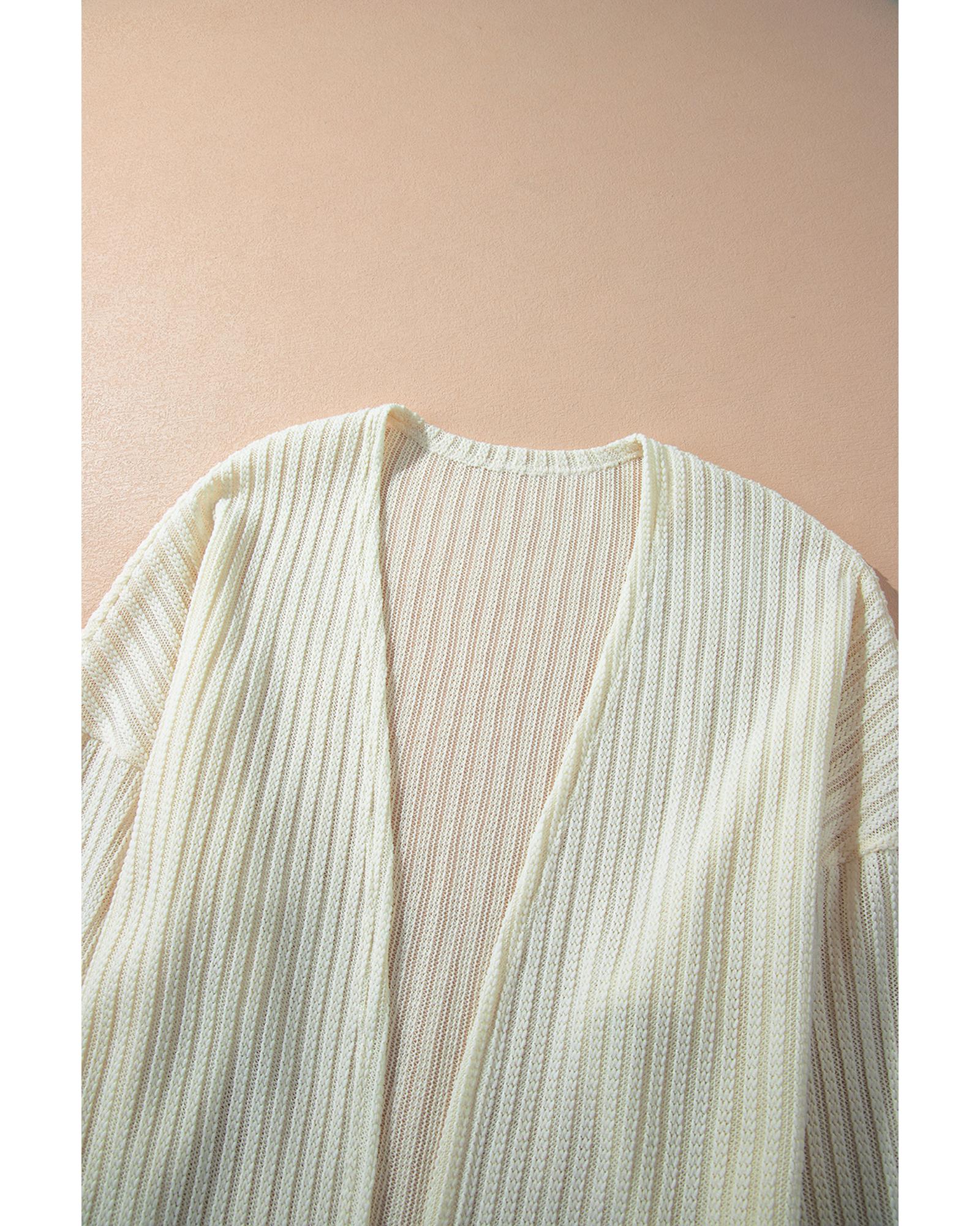 Beige Textured Lantern Sleeve Open Kimono - M 4