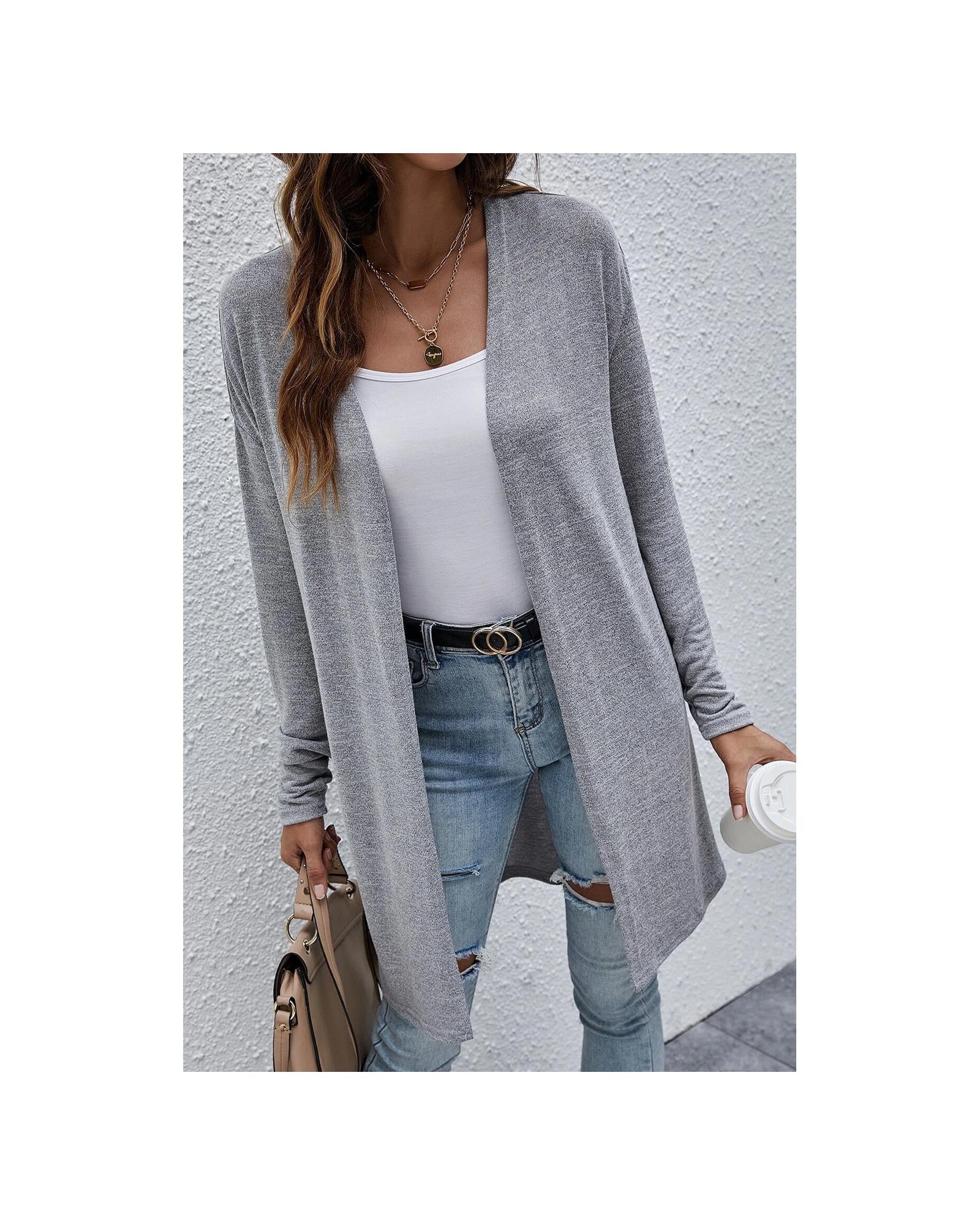 High Rise Solid Color Open Front Lightweight Cardigan - L