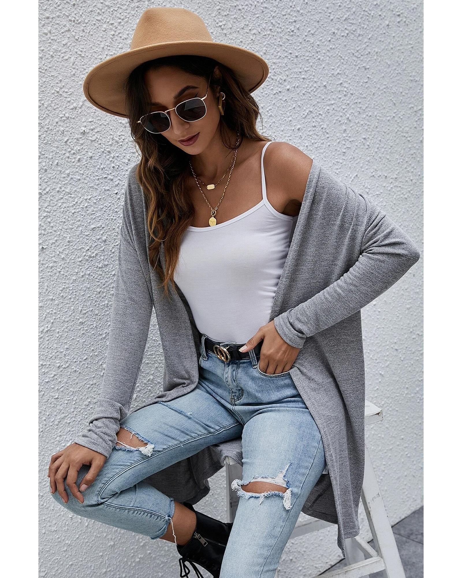 High Rise Solid Color Open Front Lightweight Cardigan - XL 5