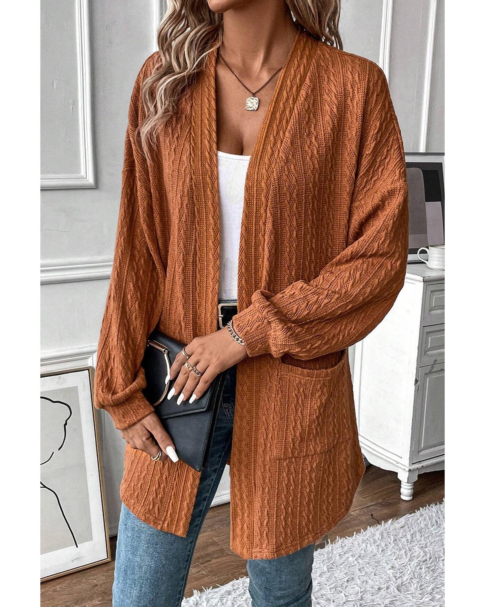 Chestnut Textured Knit Side Pockets Open Front Cardigan - S