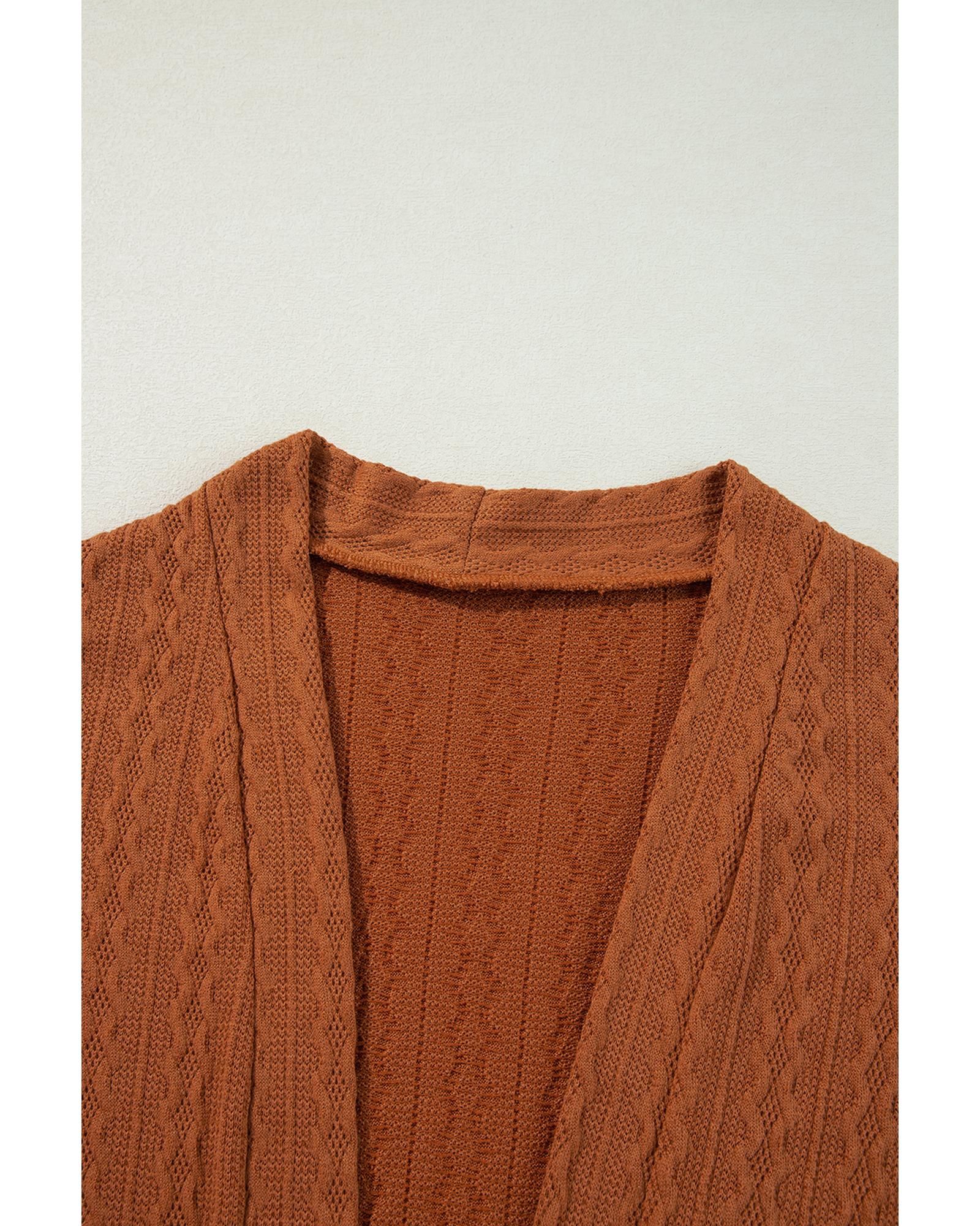 Chestnut Textured Knit Side Pockets Open Front Cardigan - S 3