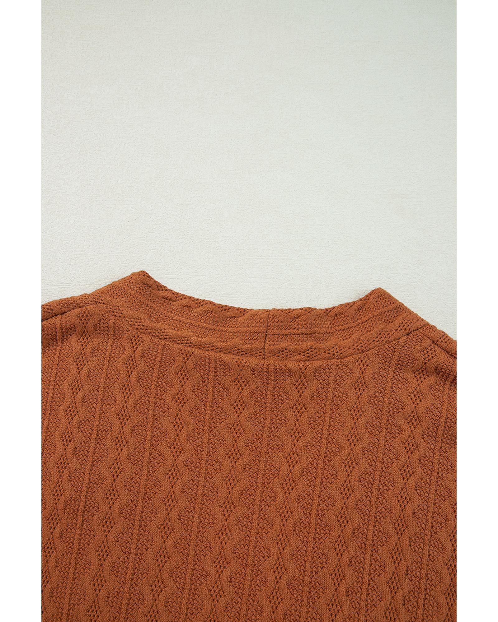 Chestnut Textured Knit Side Pockets Open Front Cardigan - S 4