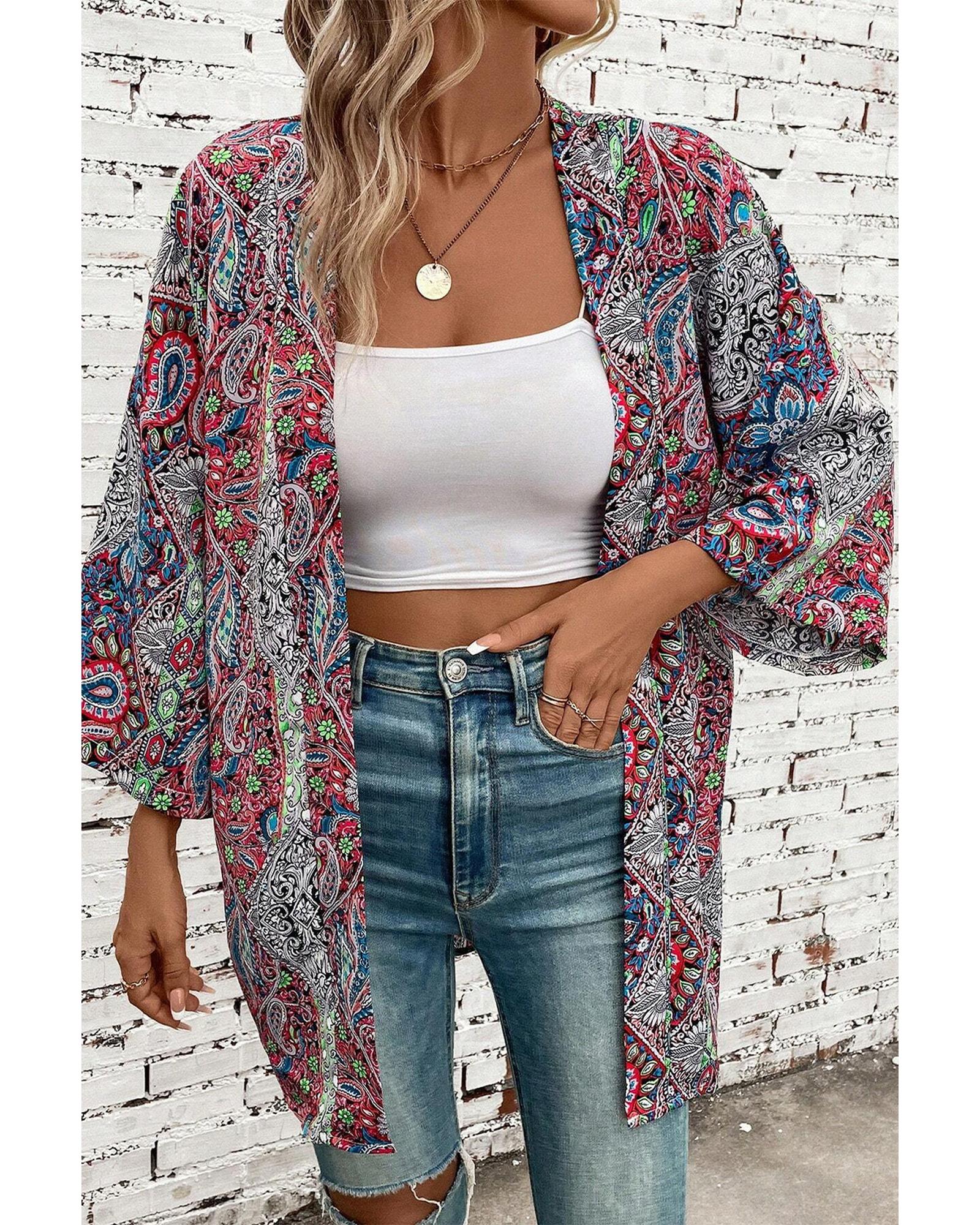 Red Paisley Print Open Front Kimono - L 4