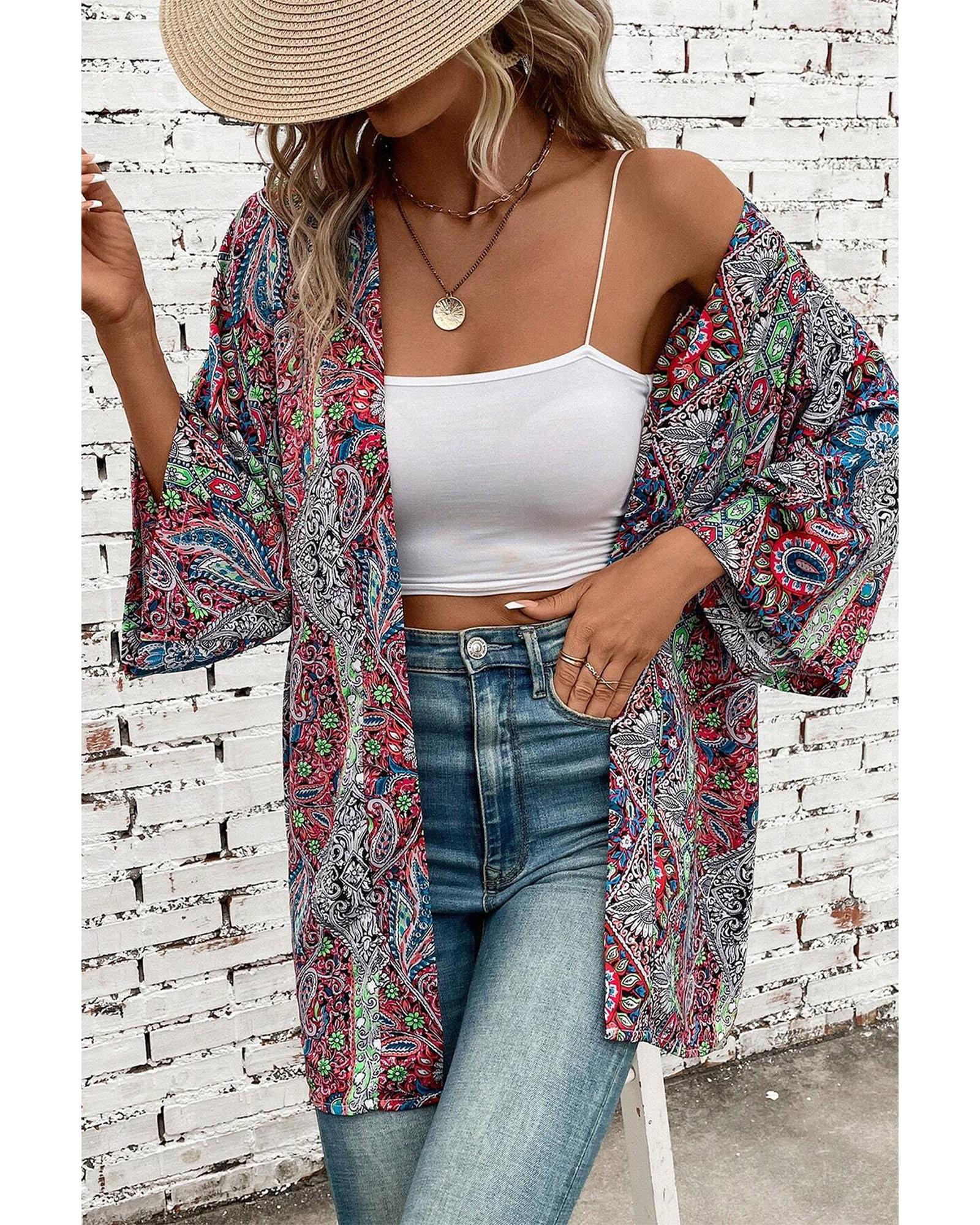 Red Paisley Print Open Front Kimono - L 6