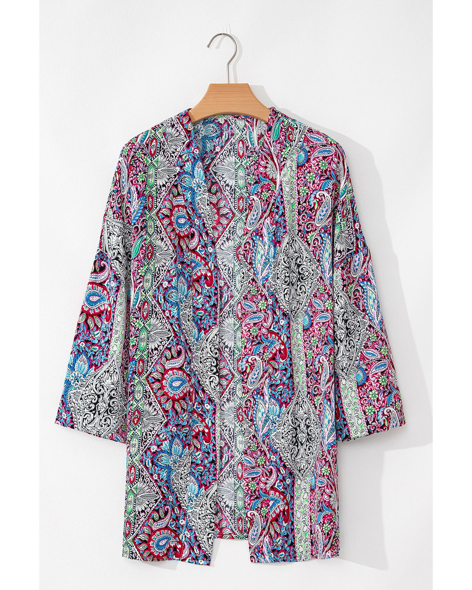 Red Paisley Print Open Front Kimono - M 3