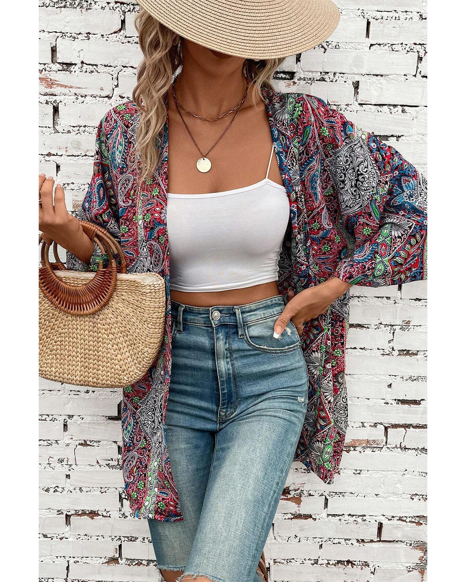 Red Paisley Print Open Front Kimono - XL 5